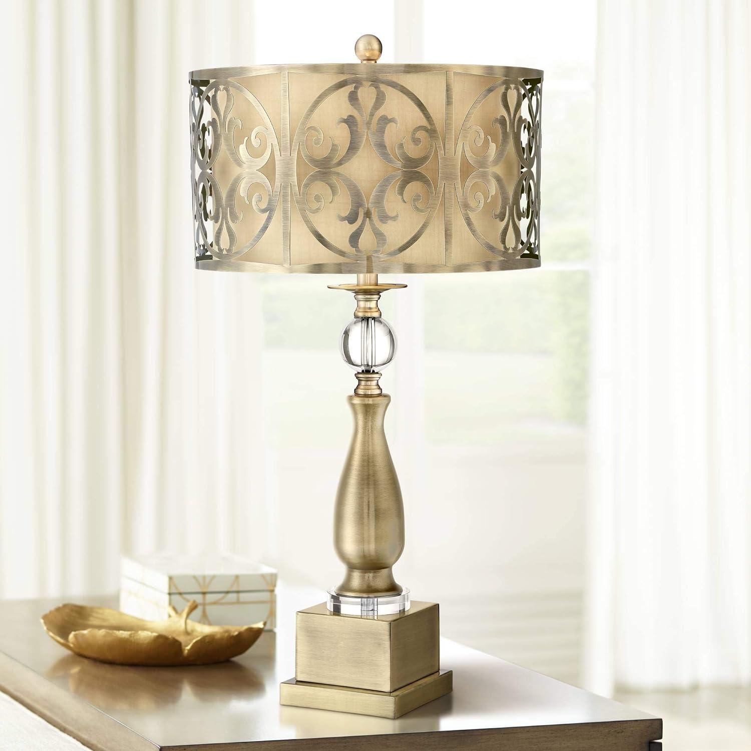 Brass Candlestick Table Lamp with Double Drum Shade