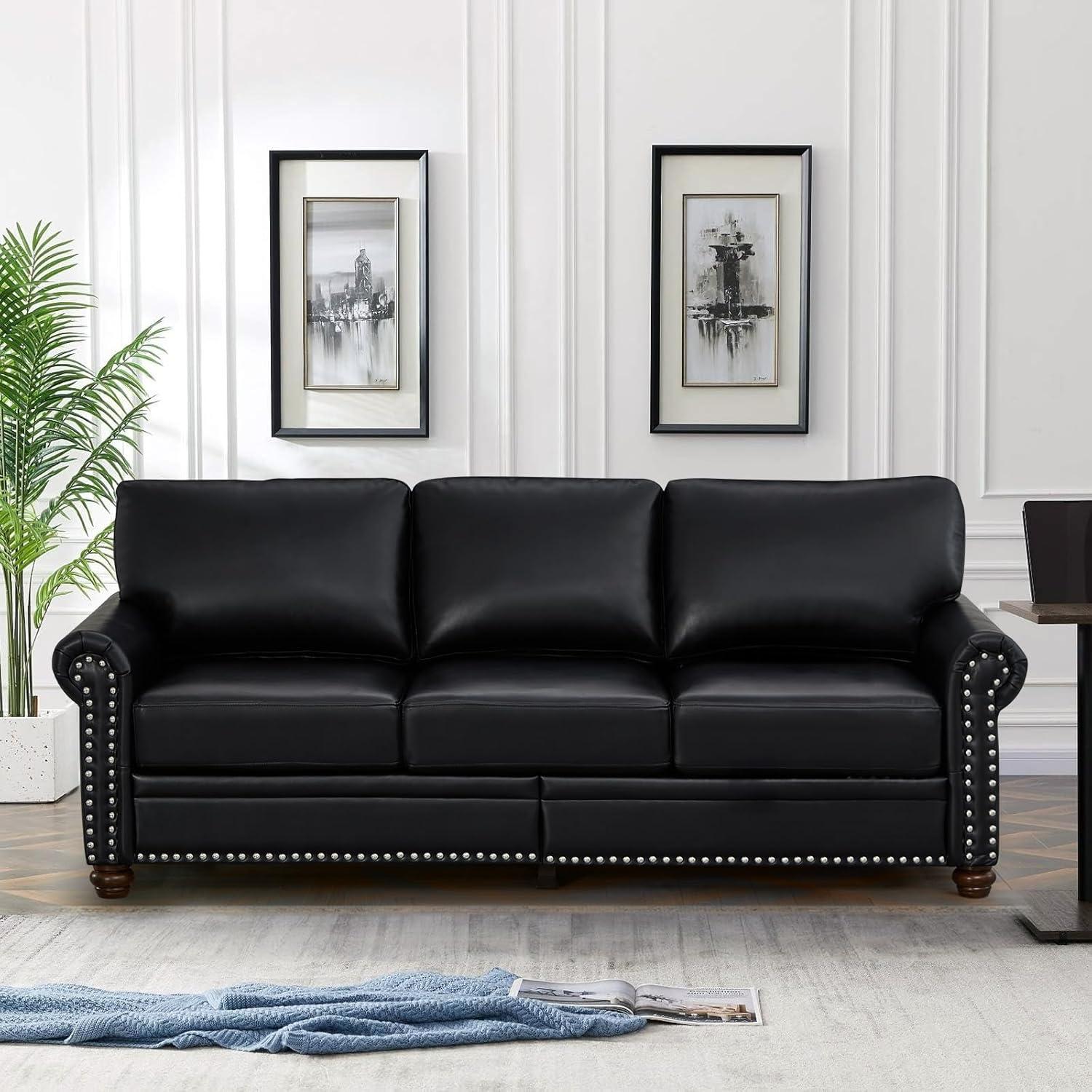 Black Faux Leather 2-Piece Sofa Set with Storage and Rolled Arms