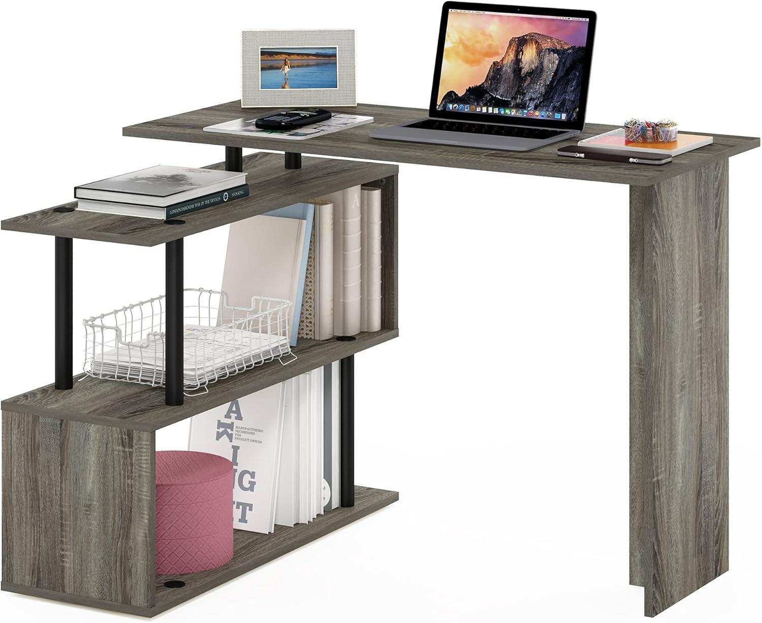 Luxe Gray Wooden L-Shape Corner Computer Desk with 3-Tier Shelves