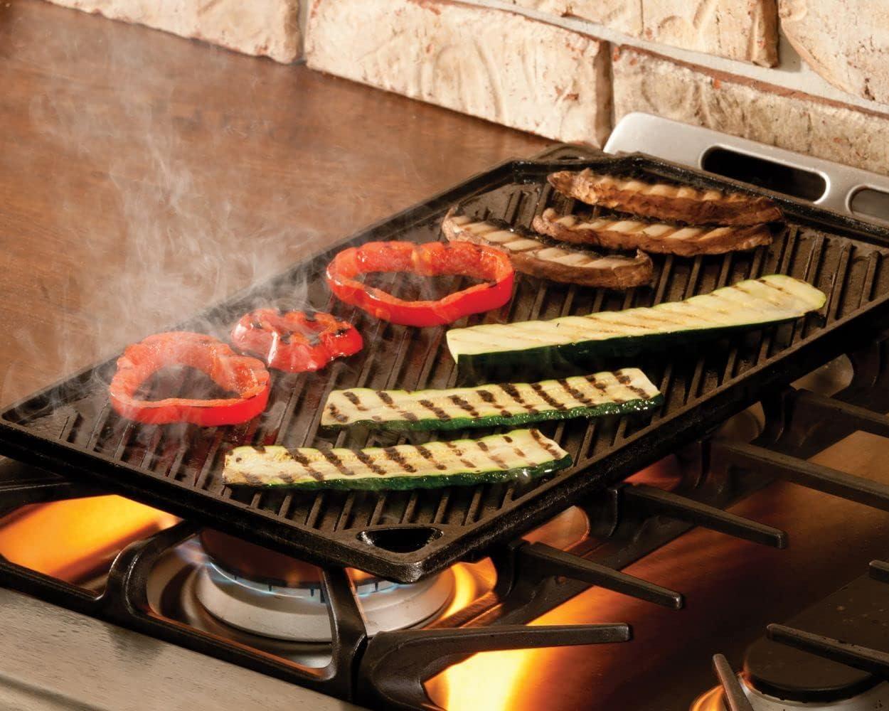 Lodge 16.75" x 9.5" Cast Iron Reversible Griddle: Preseasoned, Even-Heating, Nonstick, Induction & Oven Safe Grill Pan