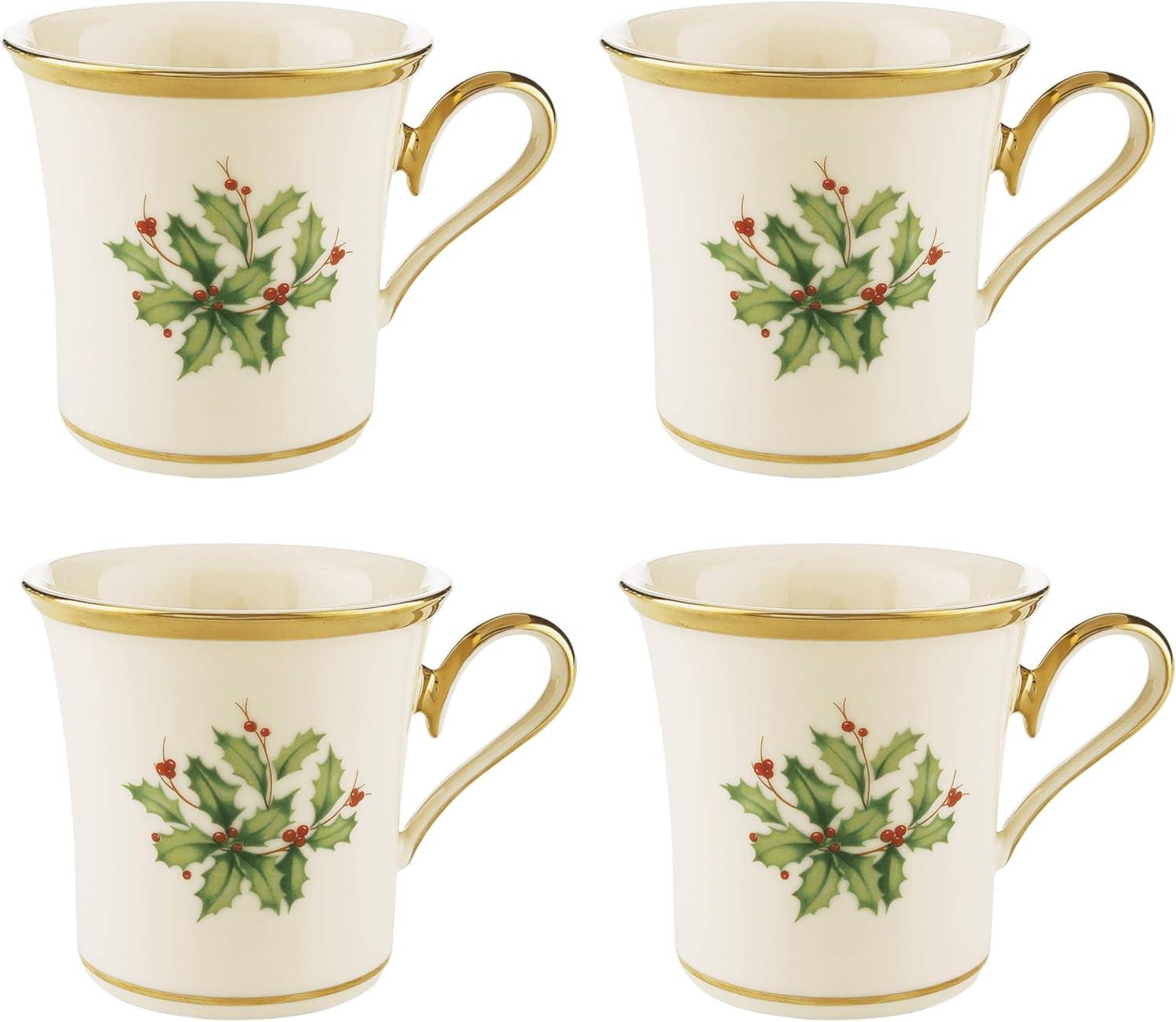 Ivory Ceramic Holiday Mugs with Gold Trim, Set of 4