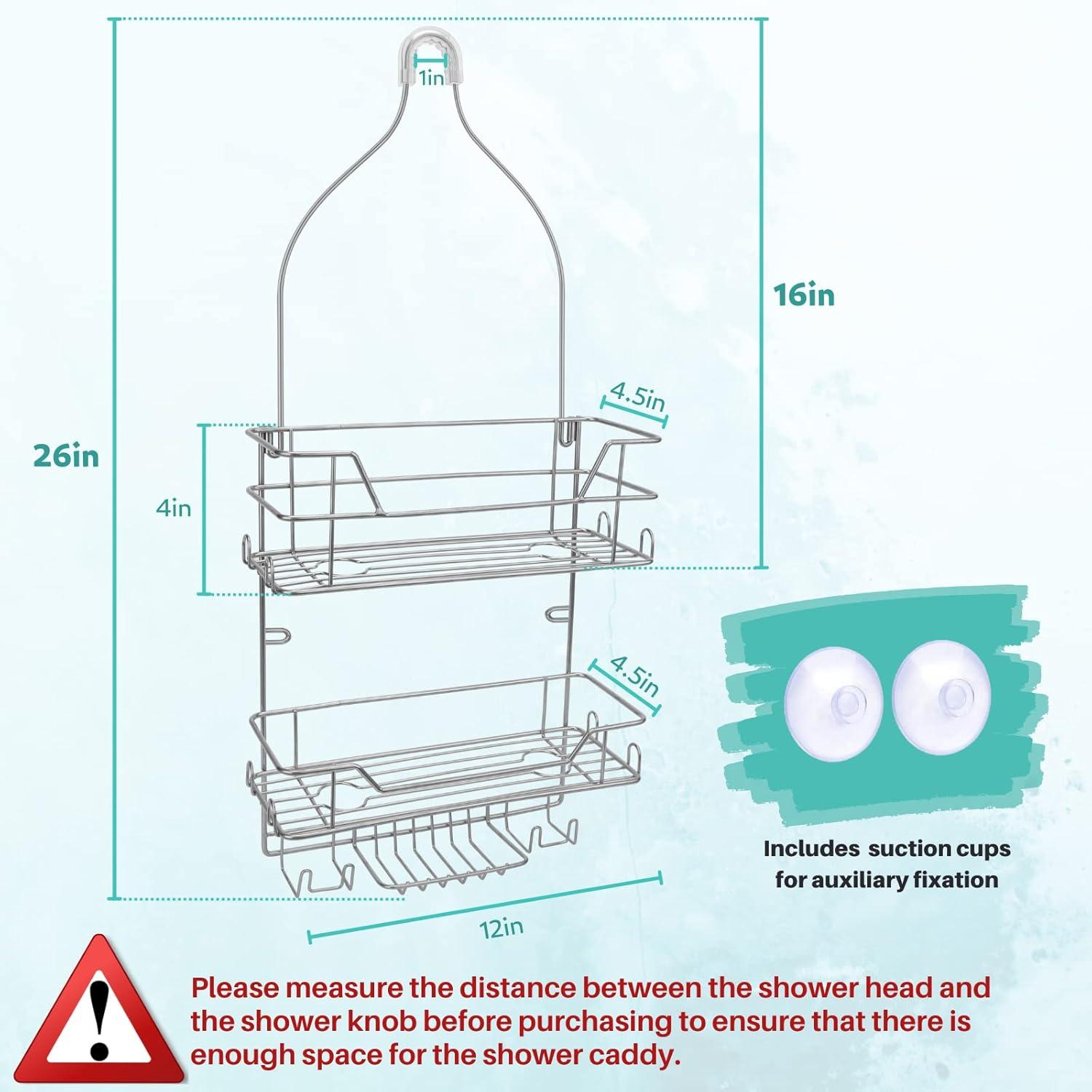 Silver Powder Coated Rectangular Metal Shower Caddy with Hooks