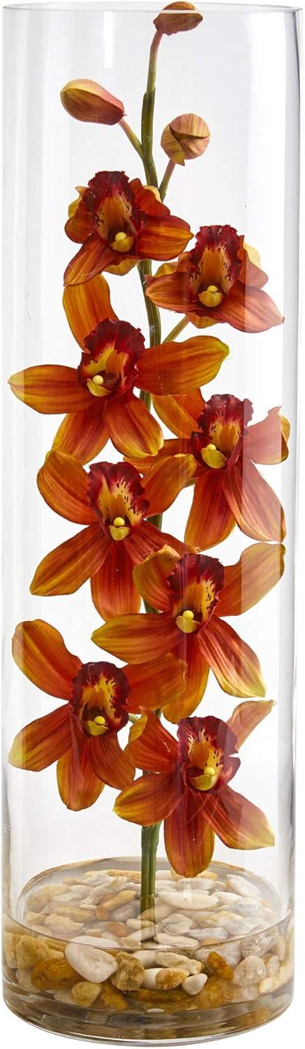 Burgundy Cymbidium Orchid Artificial Arrangement in Tall Glass Vase