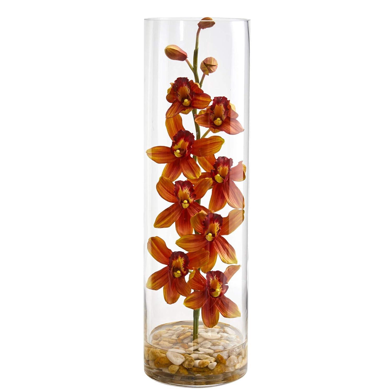 Burgundy Cymbidium Orchid Artificial Arrangement in Tall Glass Vase
