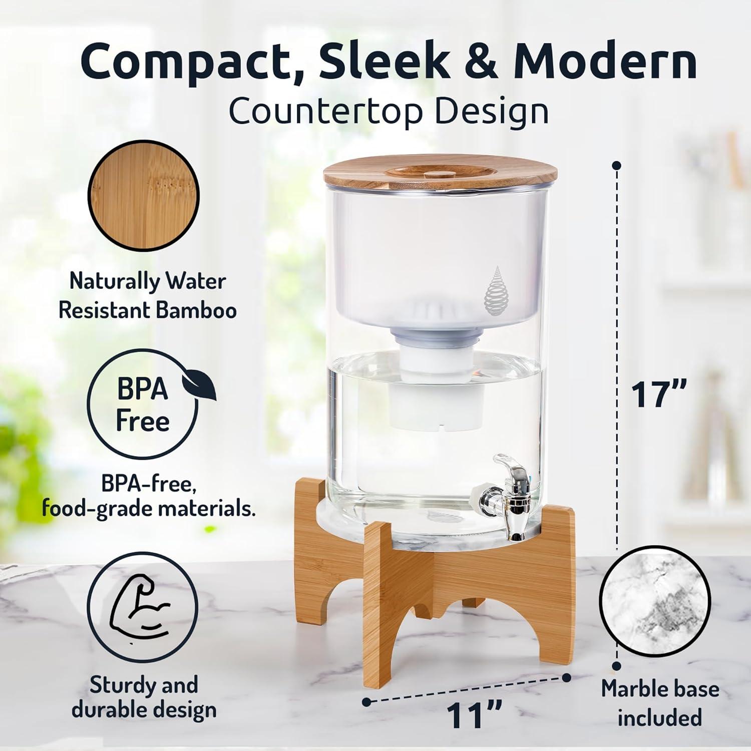 Invigorated Water pH Recharge Alkaline Water Filter Dispenser – BPA-Free Glass Countertop Water Filter Pitcher Purifier for Home & Office, 36-Cup Capacity, 360L Long Filter Life (Bamboo/Marble)