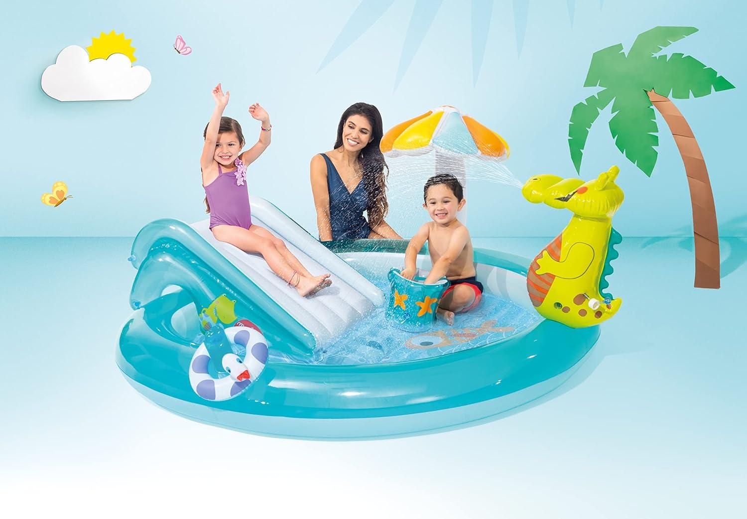 Intex 57165EP Gator 6.6ft x 5.6ft x 4in Outdoor Inflatable Kiddie Pool Water Play Center with Slide, for Toddlers Ages 2 and Up