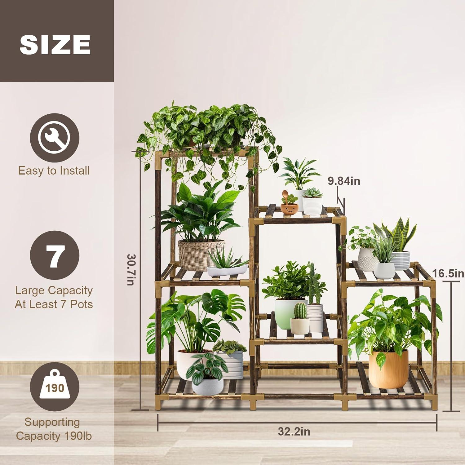 twocorn Plant Stand Indoor, 3-Tier Outdoor Wood Plant Stand for Multiple Plants, Accommodates 7 Potted Plants, Ideal for Room Corners, Balconies, Gardens, and Plant Gardening Gifts C49