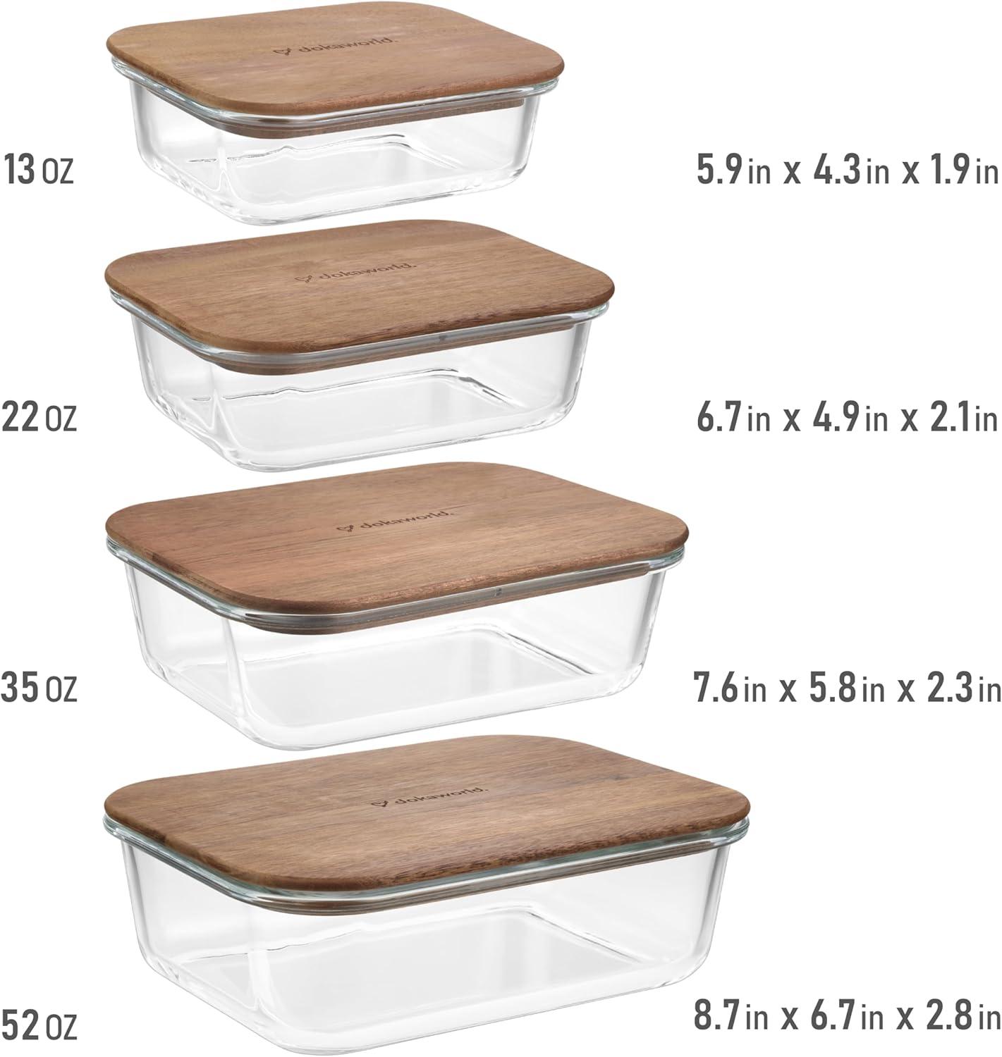 Amber Glass Meal Prep Containers with Acacia Lids, Set of 4