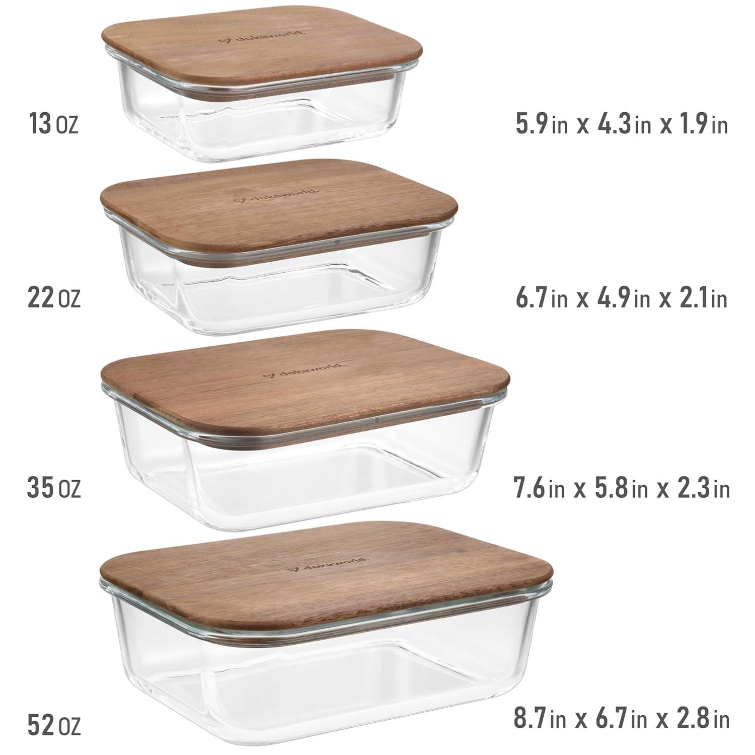 Amber Glass Meal Prep Containers with Acacia Lids, Set of 4