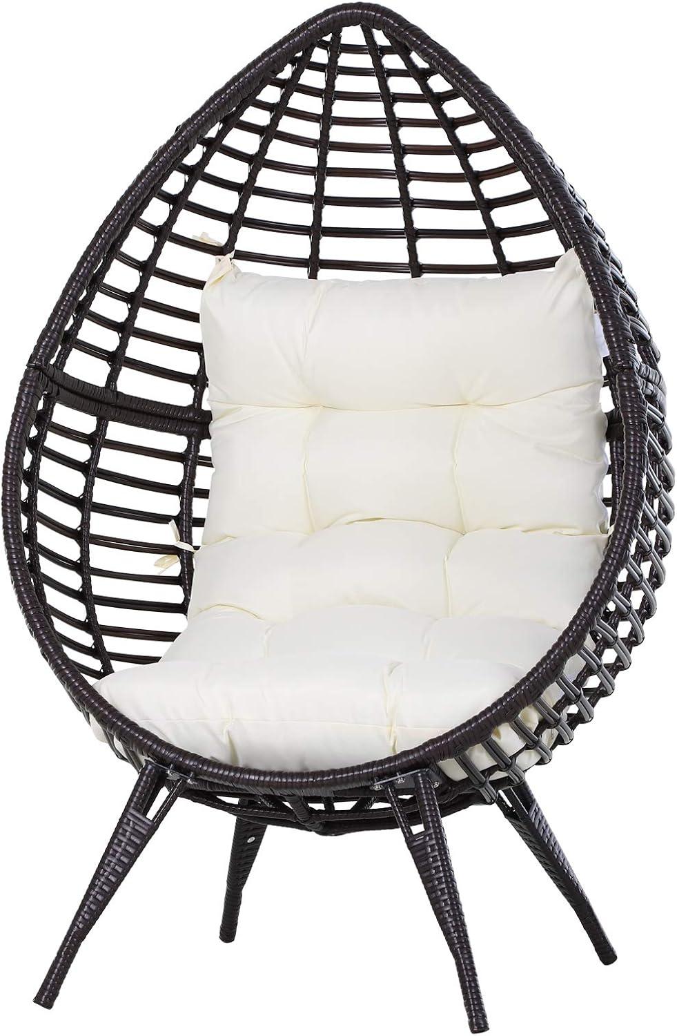 Outsunny Wicker Egg Chair, Oversized Indoor Outdoor Boho Lounge, Hand-Woven Water-Safe PE Rattan Furniture with Cushion, Beige