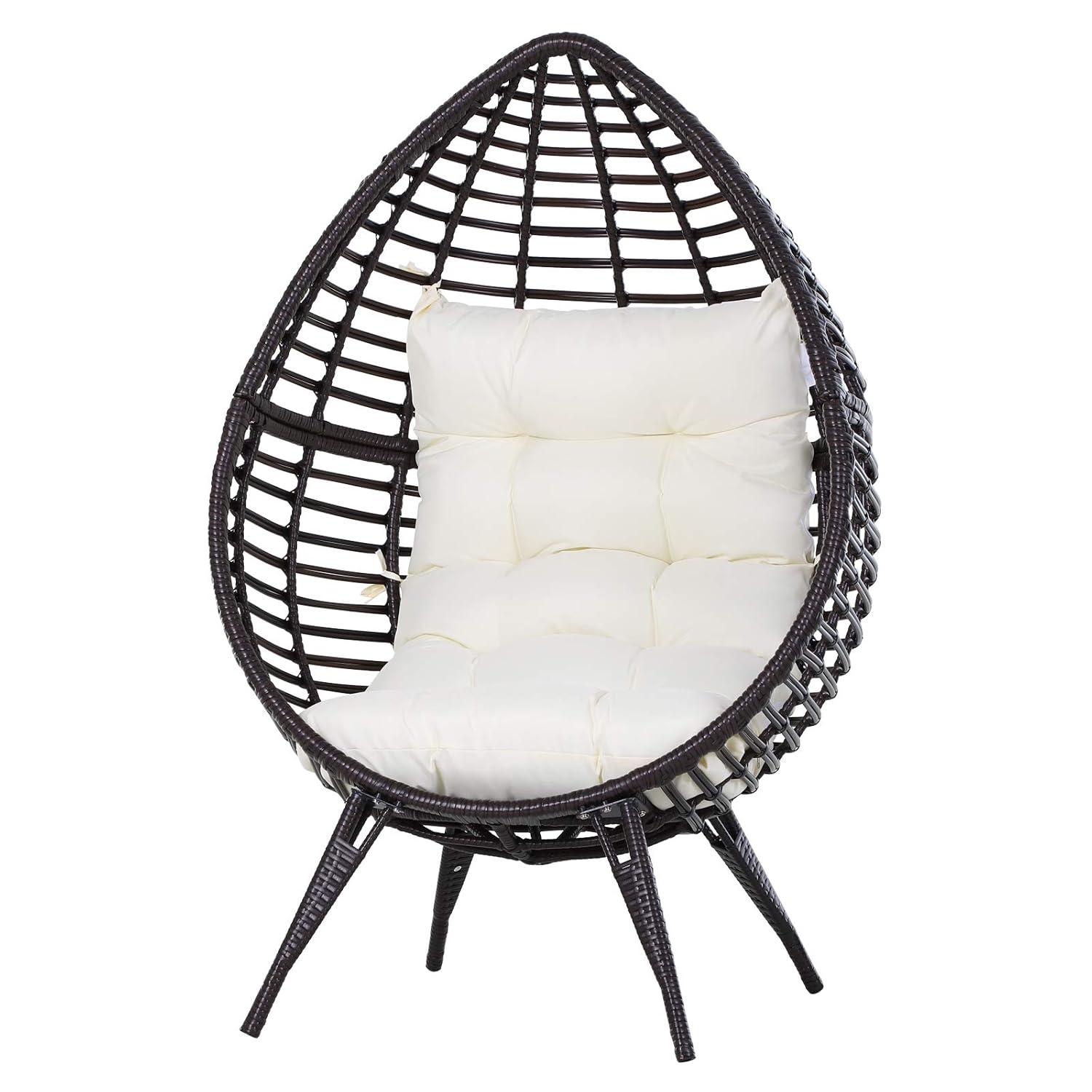 Outsunny Wicker Egg Chair, Oversized Indoor Outdoor Boho Lounge, Hand-Woven Water-Safe PE Rattan Furniture with Cushion, Beige