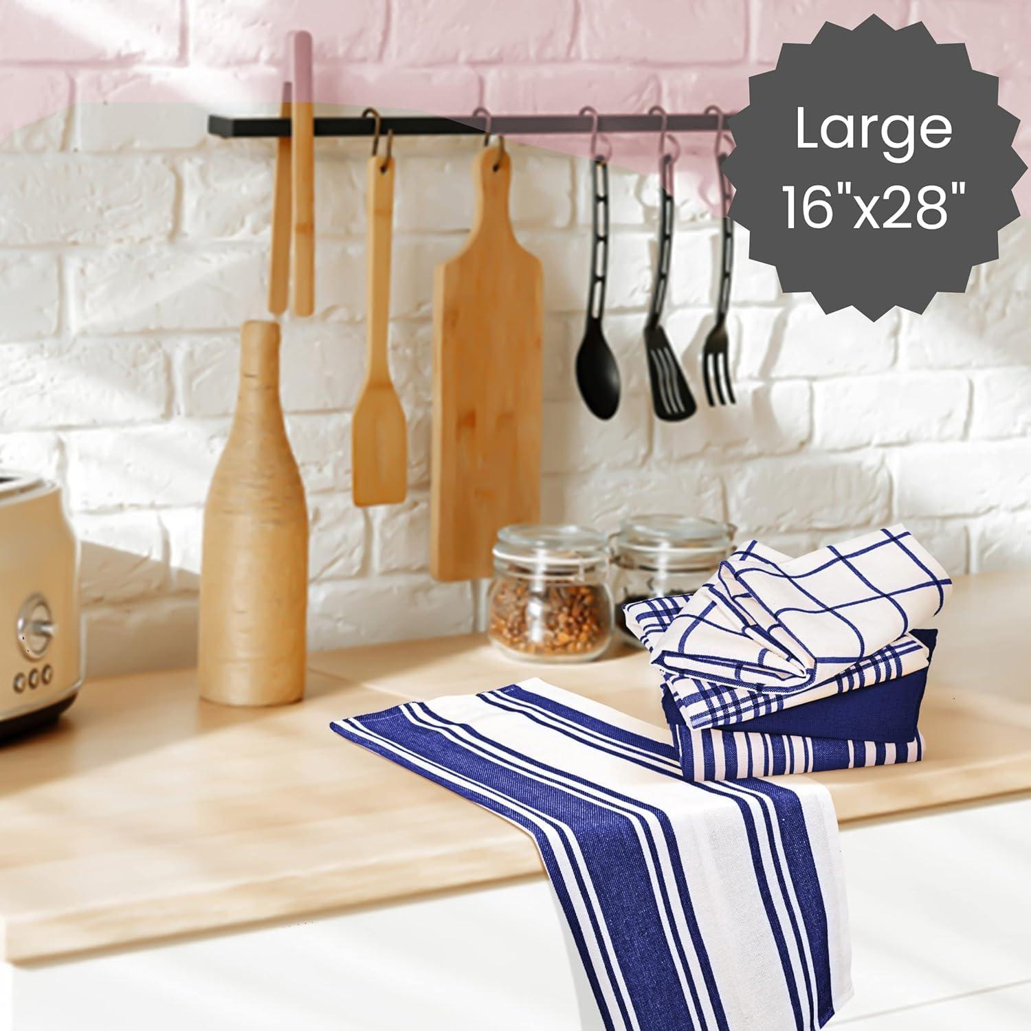 Cotton Clinic Assorted Kitchen Towels 5 Pack – Soft Absorbent Quick Drying Table & Kitchen Linen - Dish Towels, Dish Cloths, Tea Towel and Cleaning Towel with Hanging Loop – 16x28 / Navy White