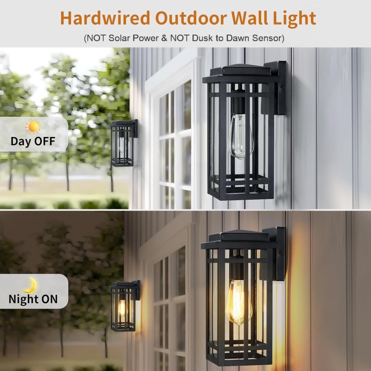 Black Modern Outdoor Wall Lanterns with Tempered Glass Shade, 9.76''