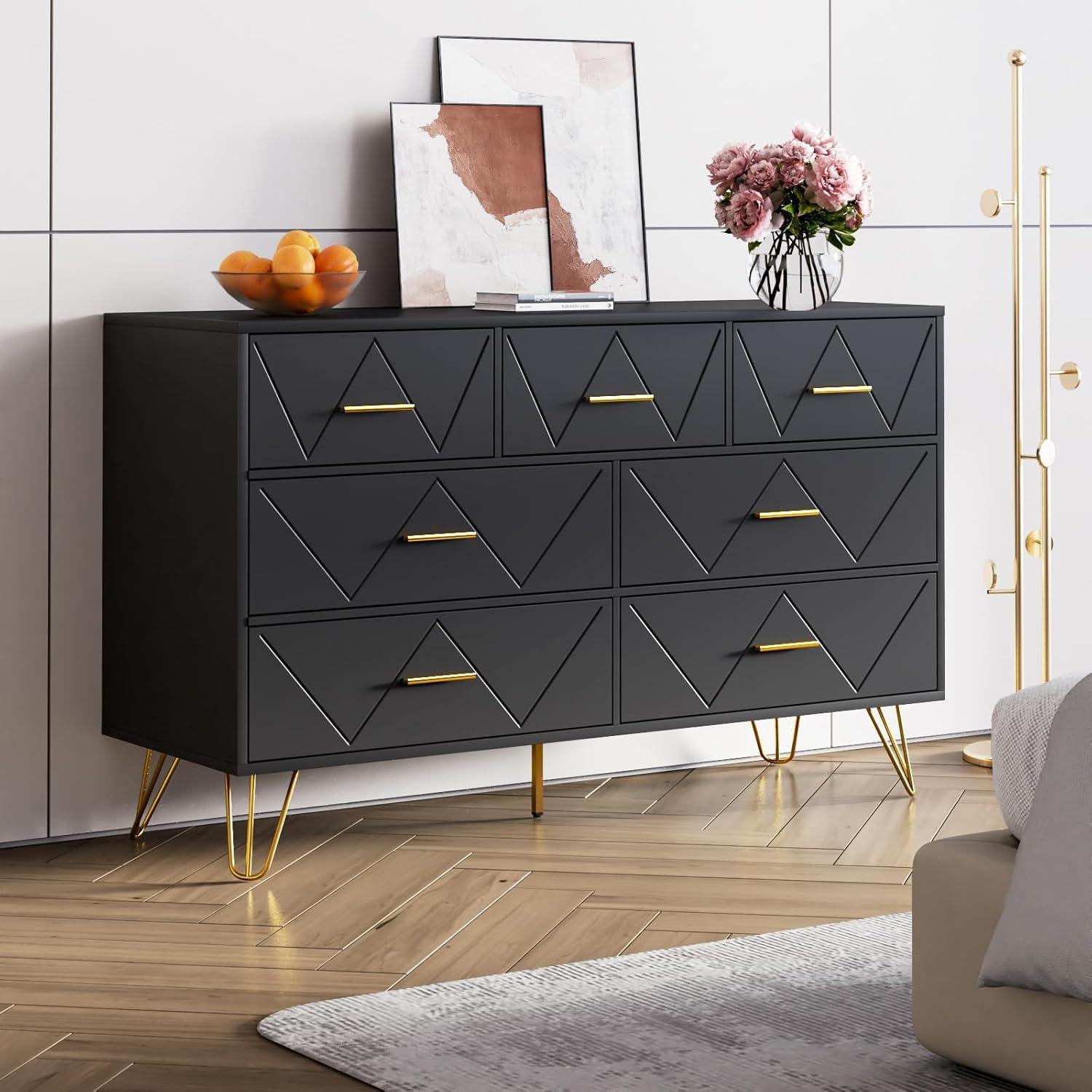 RESOM 7 Drawers Dresser for Bedroom, Black Dresser with Golden Legs & Handles, Wooden Chest of Drawer, Modern Dresser for Living Room, Hallway, Nursery