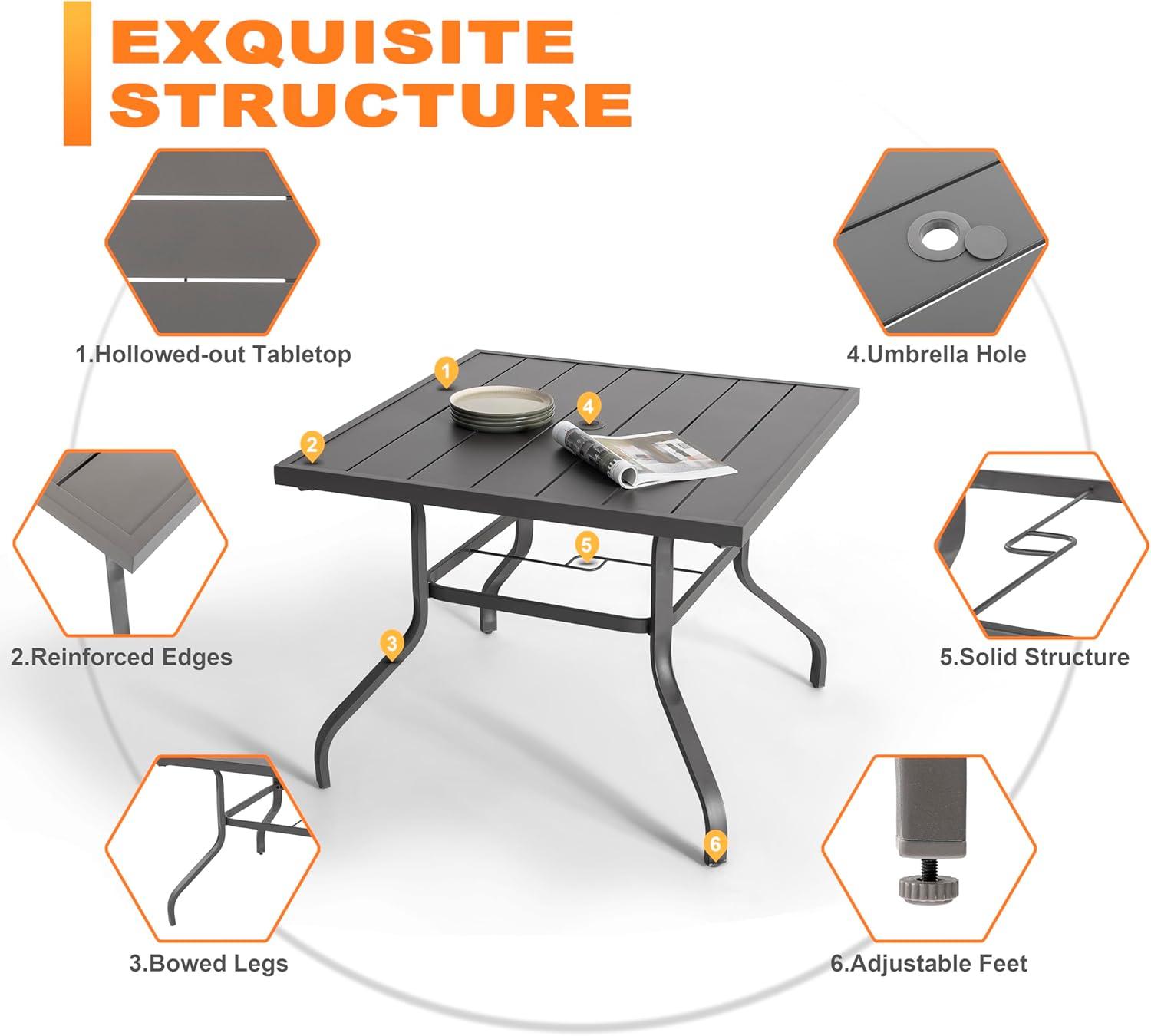 Nuu Garden 37" Outdoor Patio Table, 4 Person Steel Slat Square Dining Table with 1.57" Umbrella Hole, Slatted Top and Powder Coated Iron Frame, Gray