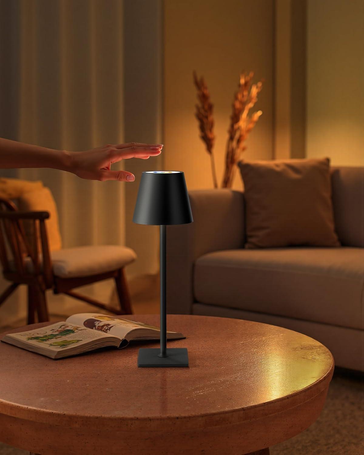 KDG 2 Pack Cordless Table Lamp,Portable LED Desk Lamp, 5000mAh Battery Operated, 3 Color Stepless Dimming Up, for Restaurant/Bedroom/Bars/Outdoor Party/Camping/Coffee Shop Night Light(Black)