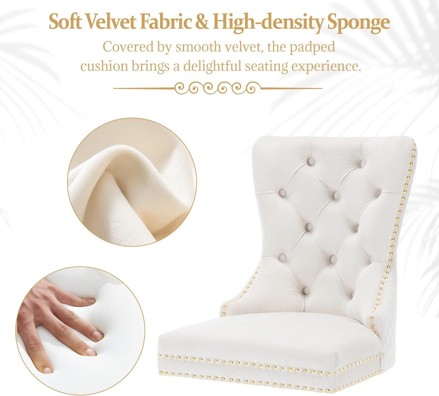 SoarFlash Velvet Dining Chairs Set of 4, Tall Back Side Chair, Modern Upholstered High-end Tufted Side Chair with Button Back Ring, Solid Wood Legs (Beige)