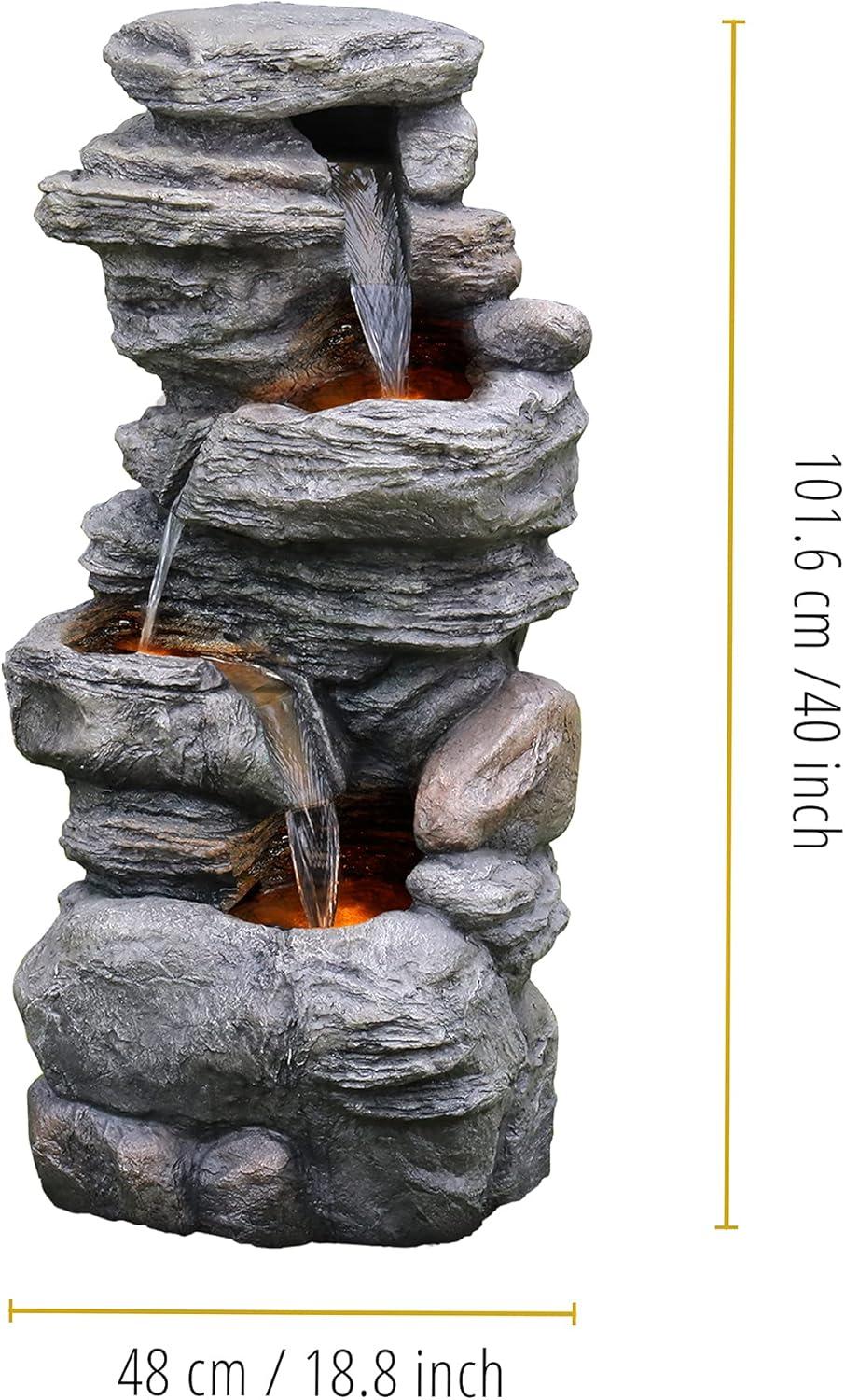 Teamson Home 39.37" Outdoor Faux Stone 4-Tier Water Fountain with LED, Gray