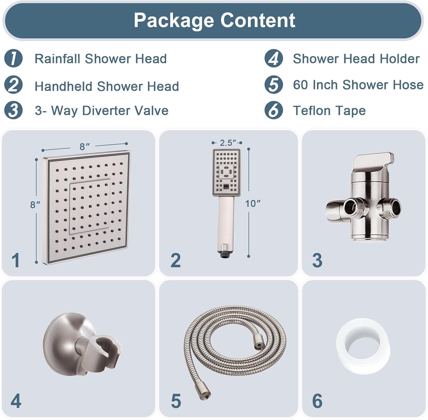 BRIGHT SHOWERS Rain Shower head with Handheld Spray 5 ft. Shower Hose Combo Includes Wall Mount Suction Bracket, 3-Way Water Diverter Mount (8 Inch Square, Brushed Nickel)