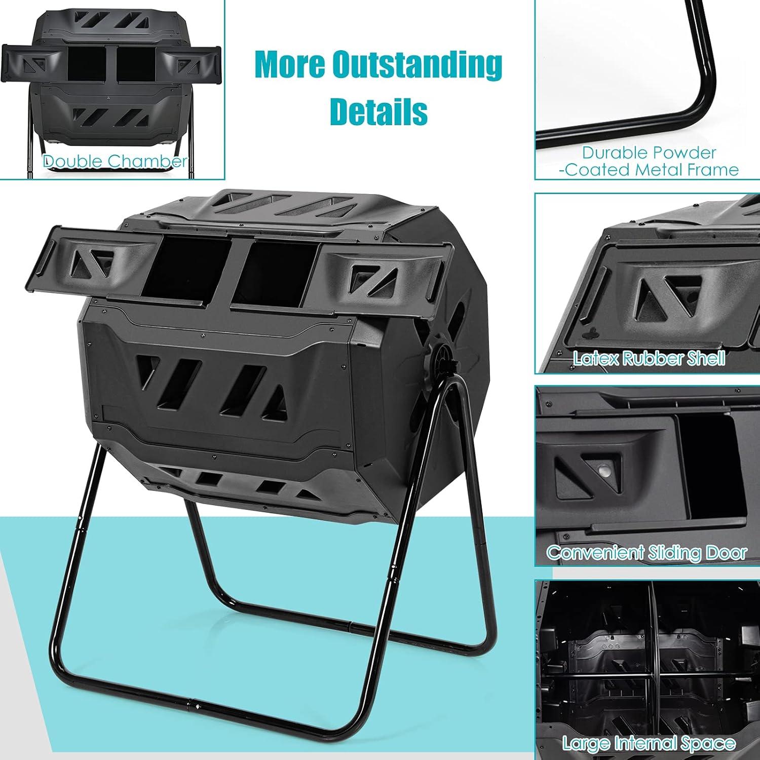 HomGarden Composting Tumbler 43gal Composter Bin W/ Dual Chamber BPA Free Black