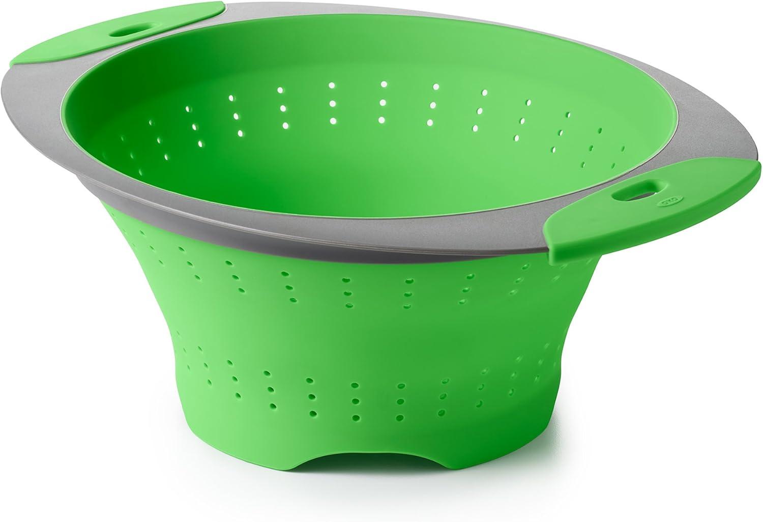 Green Silicone Collapsible Colander with Gray Handles, 3.5 Quart