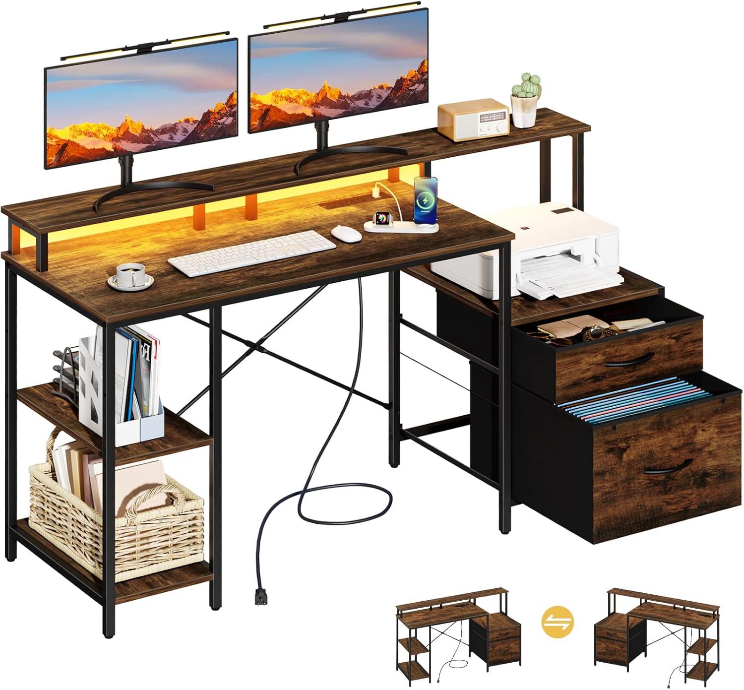 Rustic Brown Gaming Desk with Drawers, Power Outlet, and USB Ports