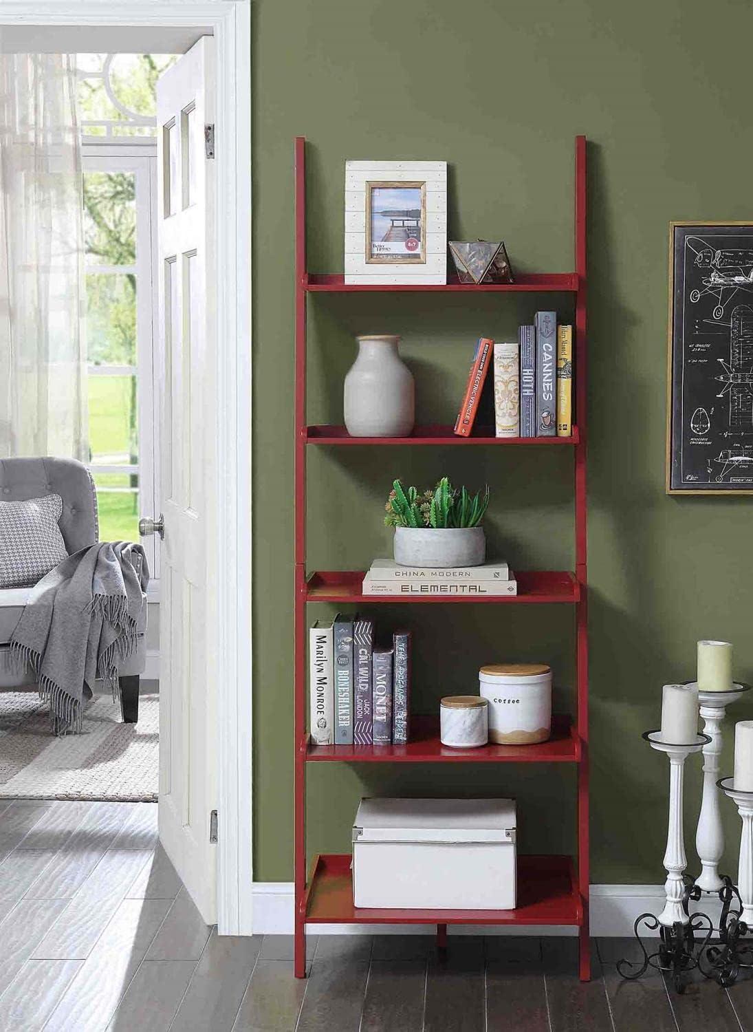 Elegant Black 73" Pine and Birch Veneer Ladder Bookshelf