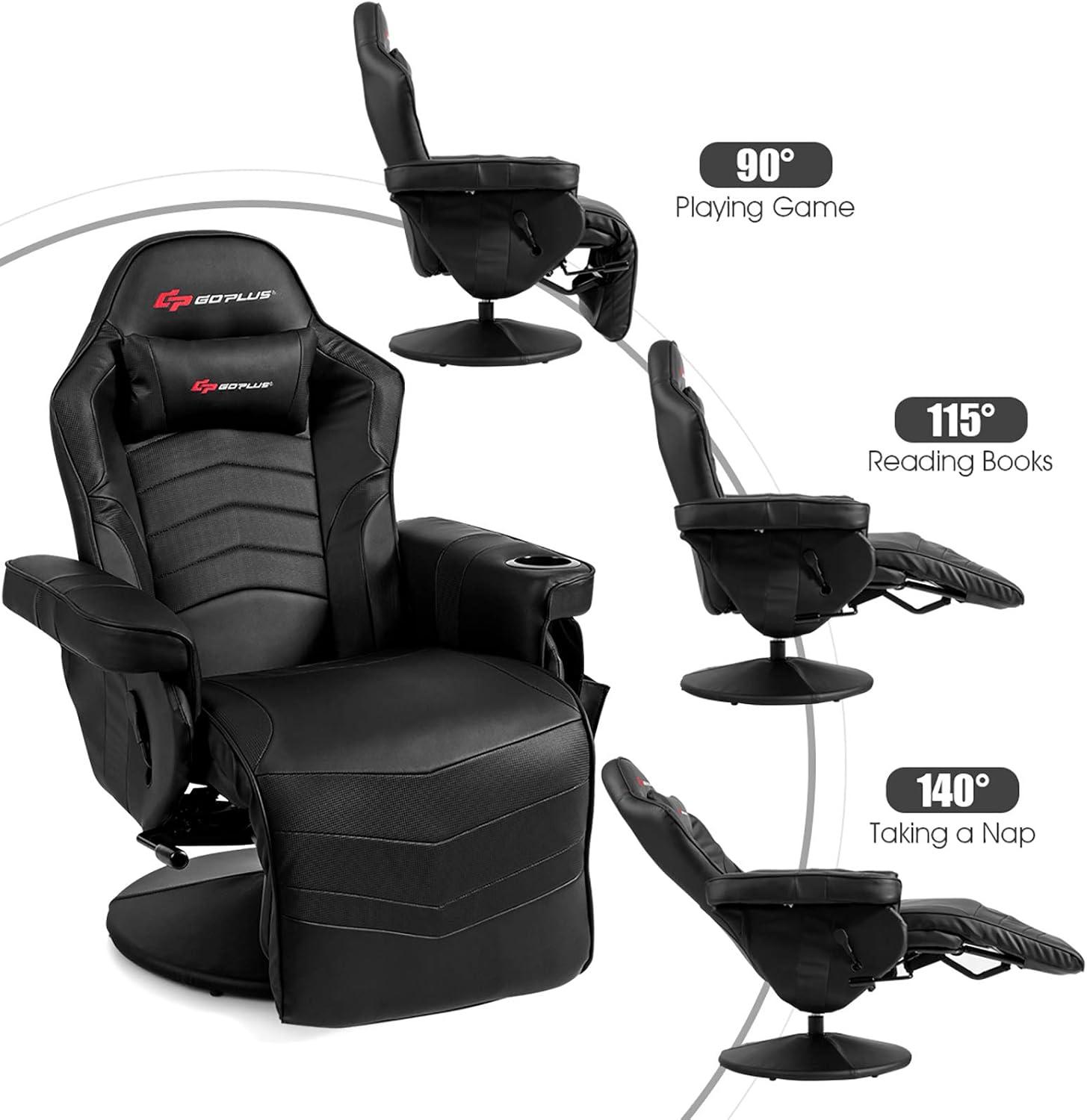 POWERSTONE Gaming Recliner Massage Gaming Chair with Footrest Ergonomic PU Leather Single Sofa with Cup Holder Headrest and Side Pouch, Adjustable Living Room Chair Seating, Black