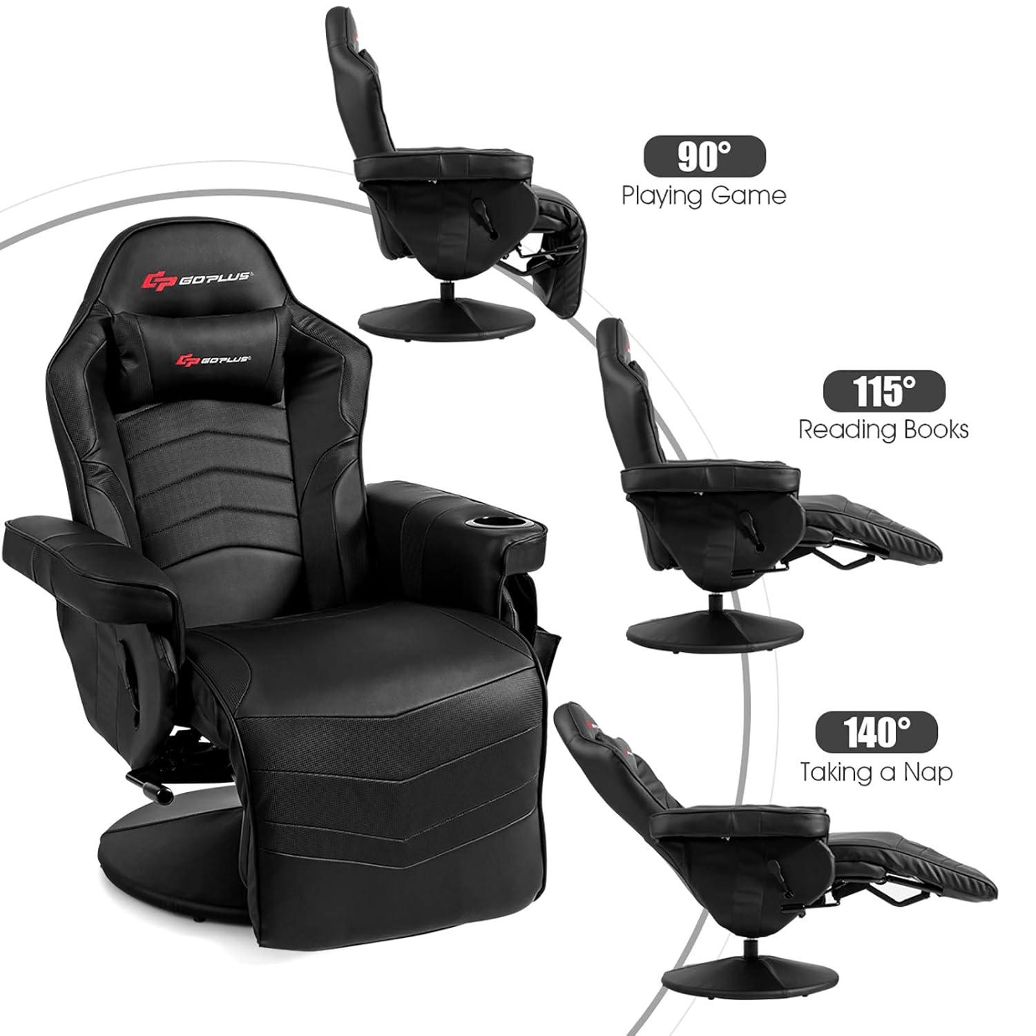 POWERSTONE Gaming Recliner Massage Gaming Chair with Footrest Ergonomic PU Leather Single Sofa with Cup Holder Headrest and Side Pouch, Adjustable Living Room Chair Seating, Black