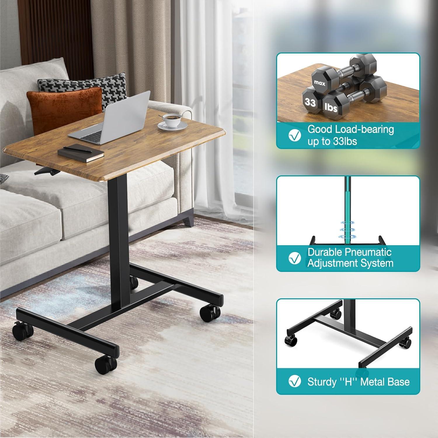 DUMOS Small Standing Desk Mobile Portable Rolling Laptop PC Table on Wheels Adjustable Height Computer Workstation for Home Office, 19 Inch, Brown