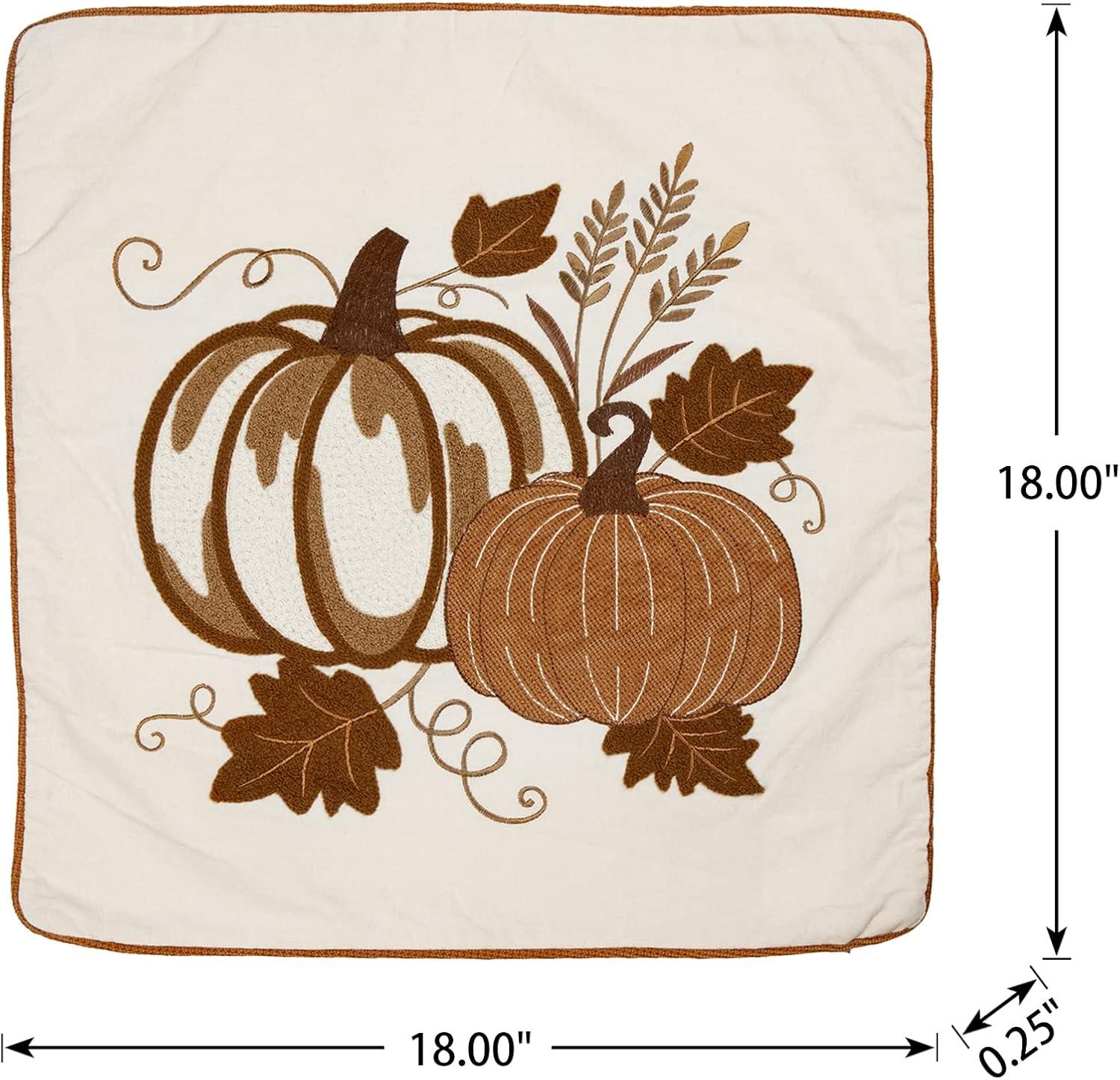 18x18 Beige Cotton Polyester Embroidered Pumpkin Throw Pillow