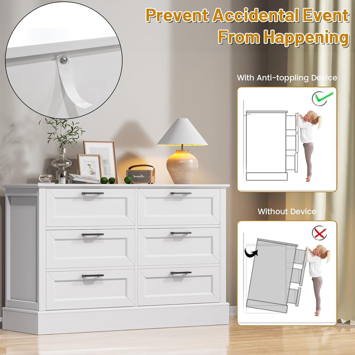 White 6 Drawer Dresser for Bedroom, Modern Chest of Drawers with Deep Drawers, Wood Double Dresser for Storage Clothes