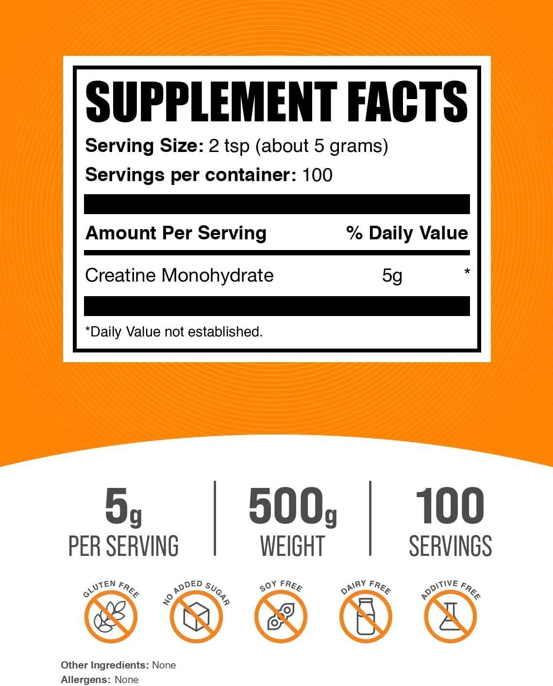 BulkSupplements PURE Creatine Monohydrate Powder, Micronized, 5g per Serving, 500g - 100 Servings