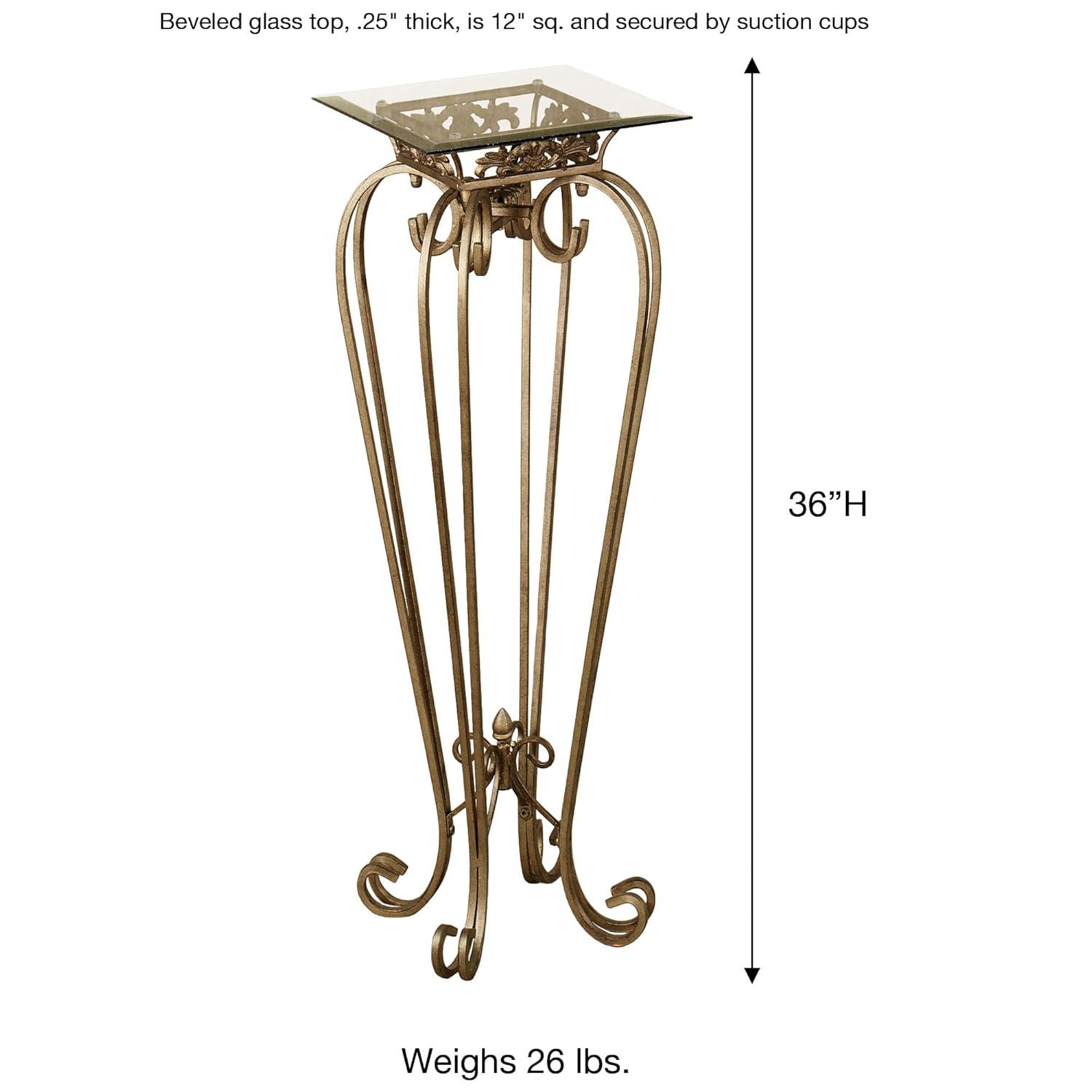 Chalcedony Metal Scroll Pedestal Table with Beveled Glass Top Antique Gold 36" High