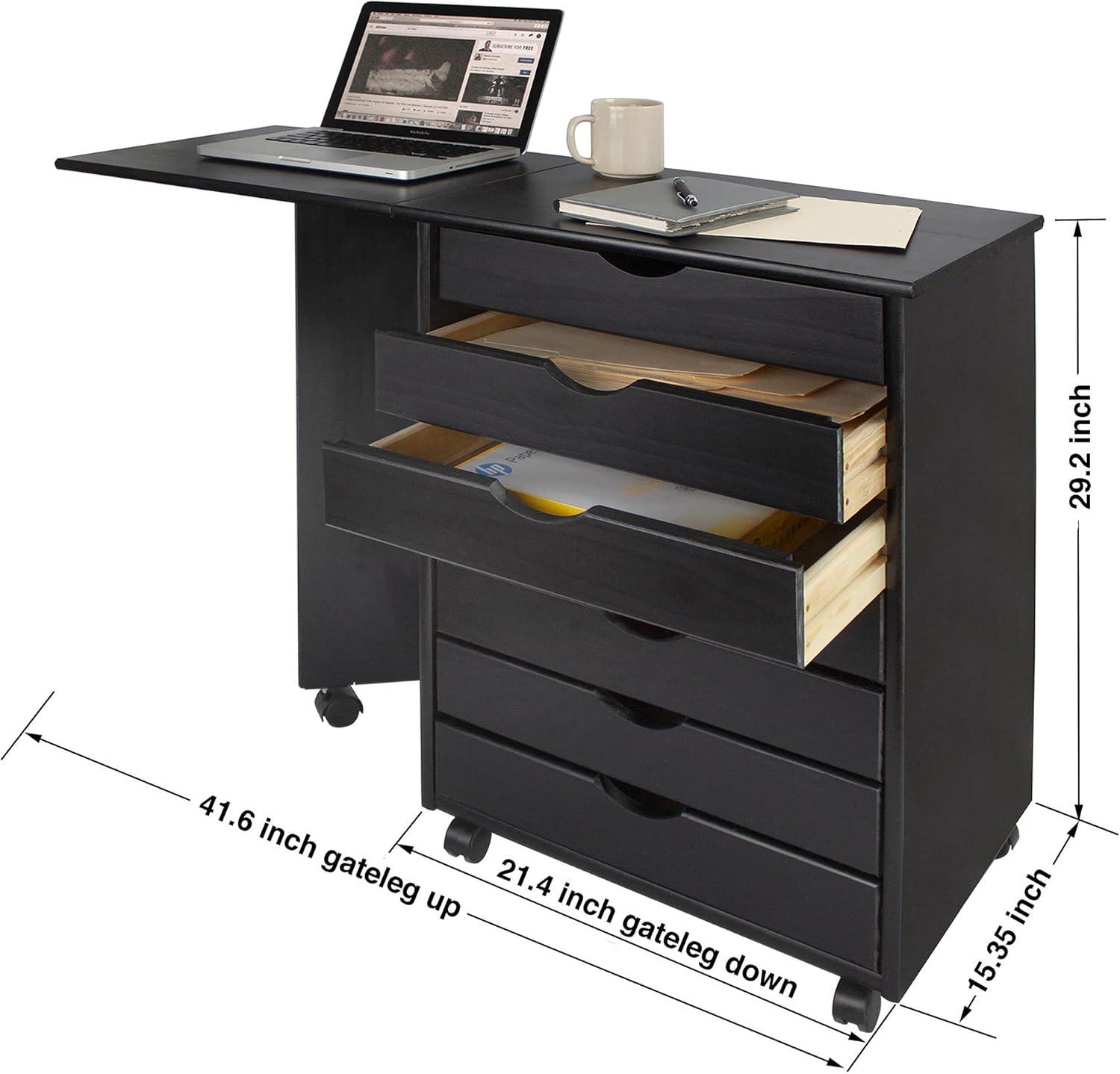 Black Solid Wood 7-Drawer Drop Leaf Roll Cart Desk