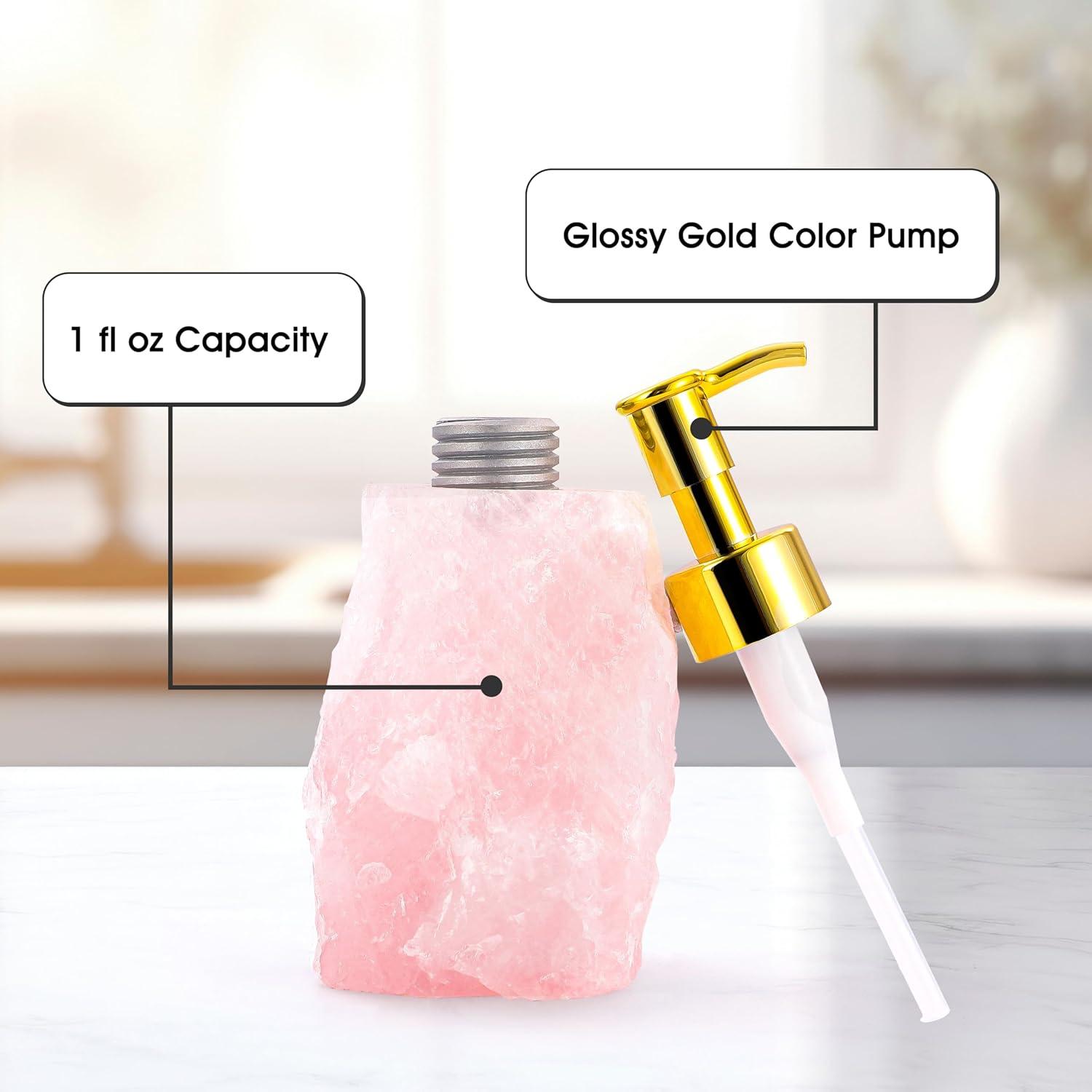 Rose Quartz Crystal Dispenser - Glossy Gold Color Pump - Natural Stone Soap Dispenser for Bathroom