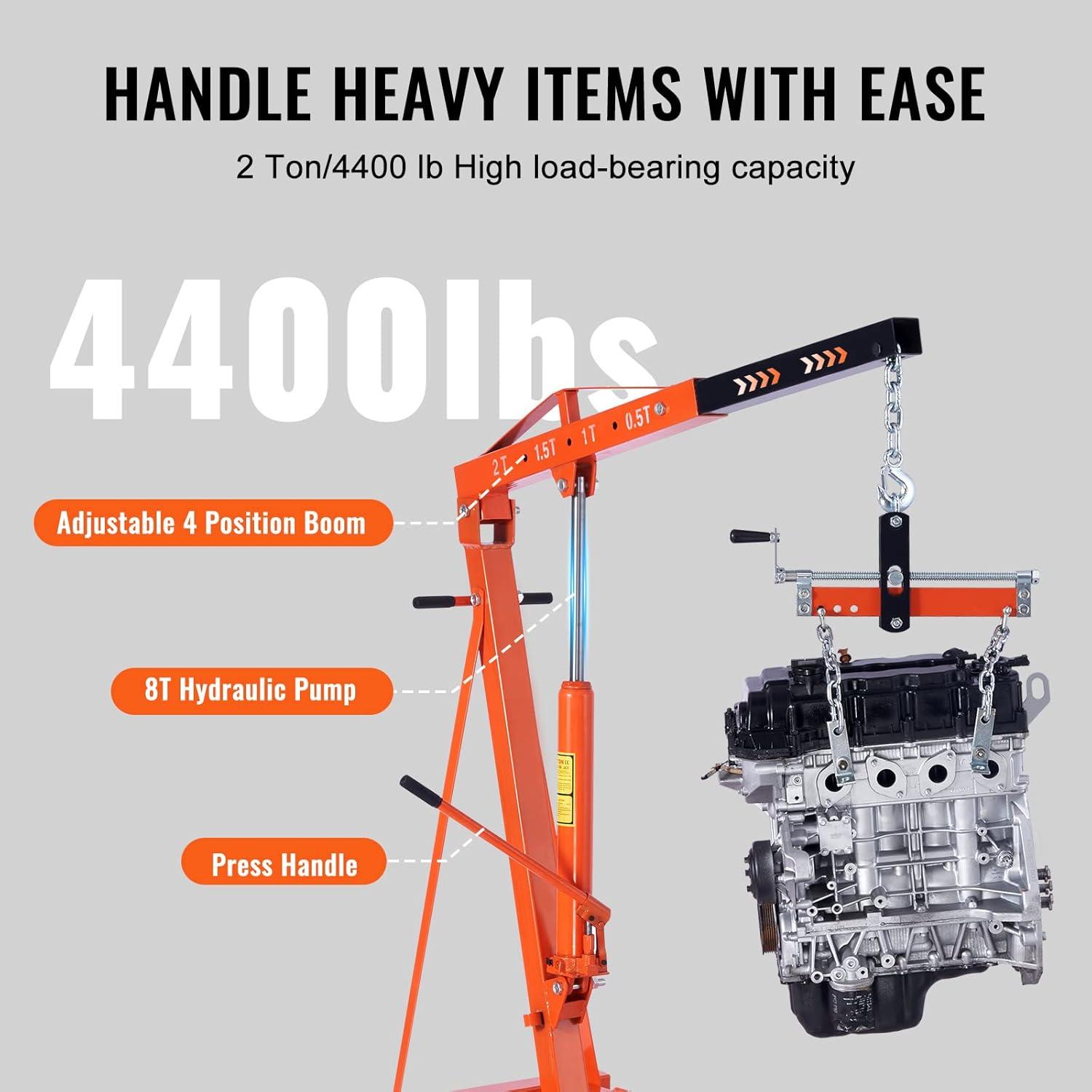 BENTISM 2T Folding Engine Crane Movable Engine Hoist with Load Leveler 4400 lbs/2 ton Heavy-Duty Cherry Picker Shop Crane Adjustable Boom Engine Crane