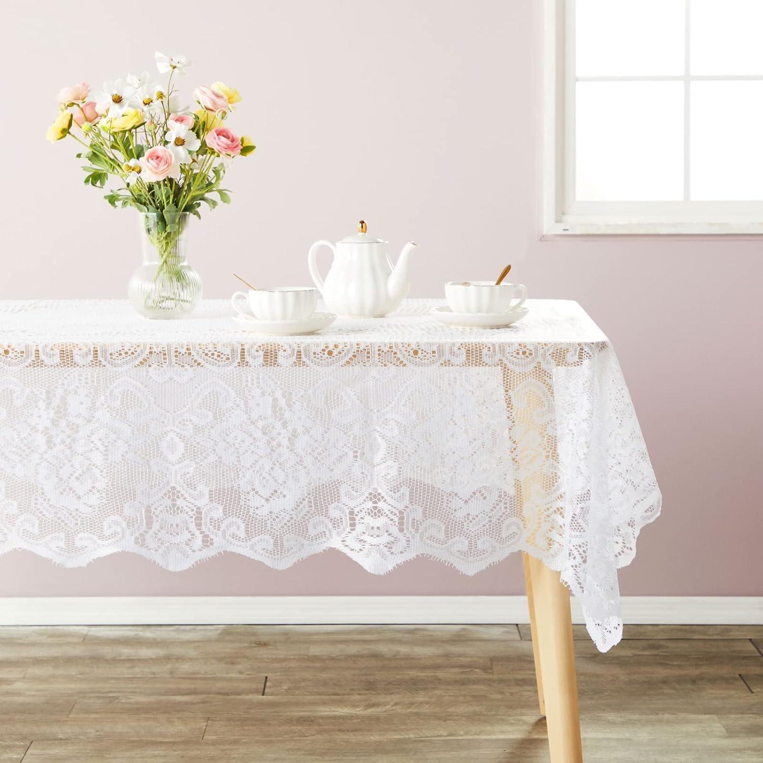 Juvale White Lace Tablecloth for Rectangular Tables, Vintage-Style for Wedding Reception, Dinner Party, Baby Shower, Tea Party Decorations, 54x72 in