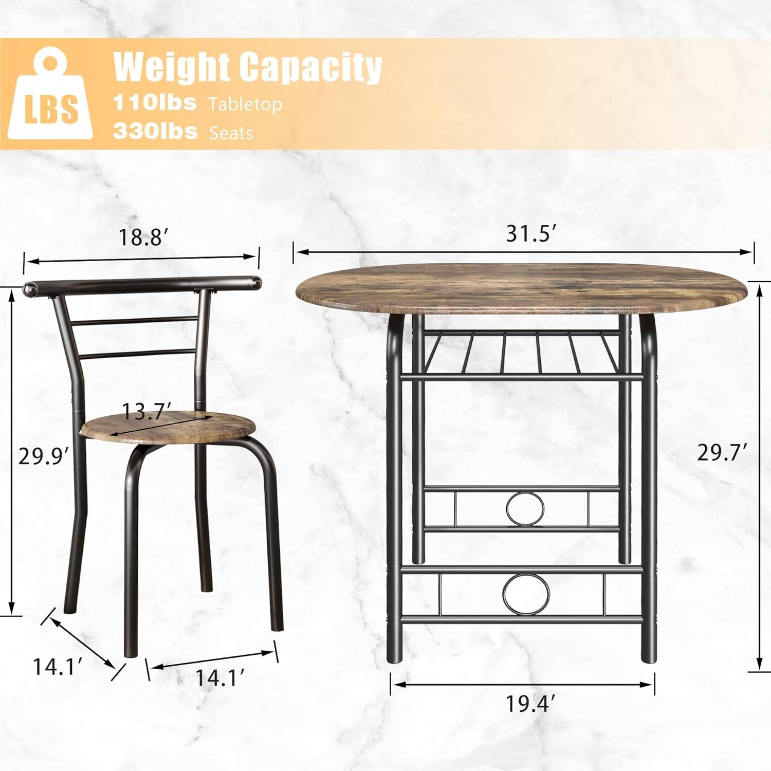 JUMMICO 3-Piece Wooden Round Table & Chair Set, Space Saving Kitchen Breakfast Nook Wood Grain Tabletop with Metal Frame and Built-in Wine Rack for Kitchen, Dining Room (White/Silver)