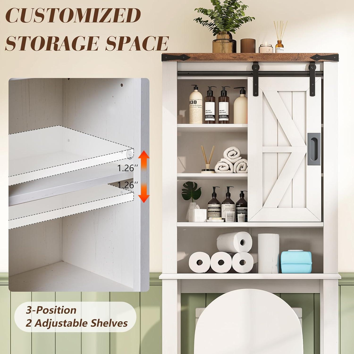 Farmhouse Over Toilet Cabinet, 68" Tall Toilet Organizer Stand with Sliding Barn Door & Adjustable Shelf, Above Toilet Storage for Bathroom, Laundry Room, Rustic Oak & White