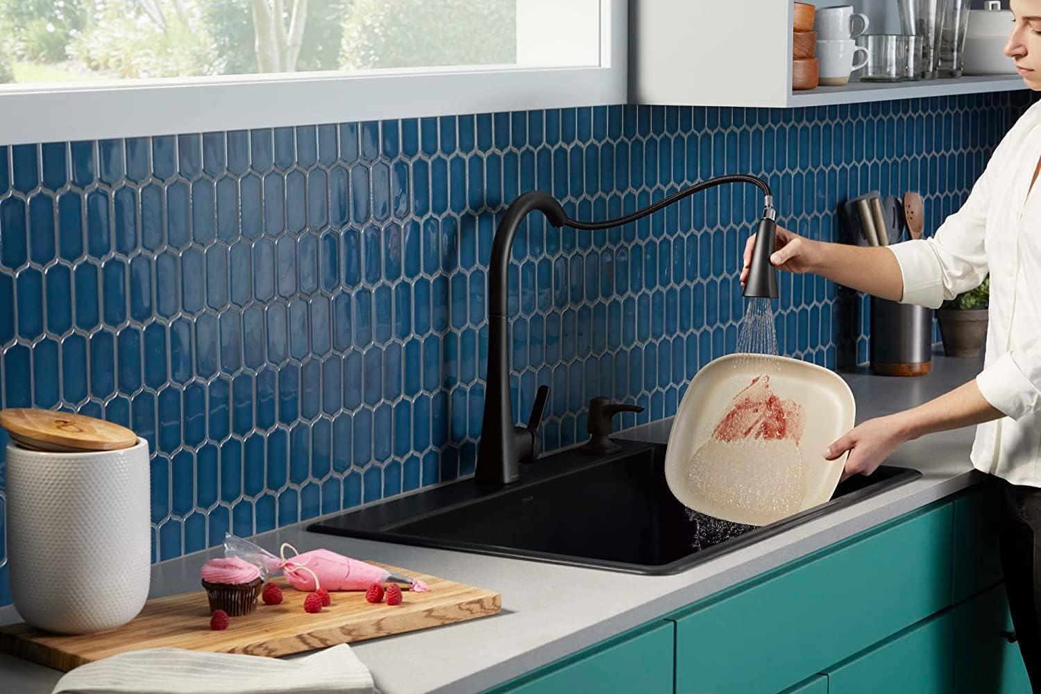 Matte Black Pull-Down Kitchen Faucet with Soap Dispenser