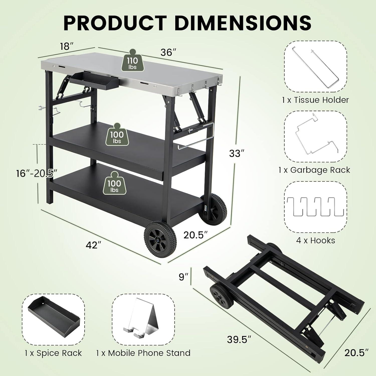 GOFLAME 3-Shelf Outdoor Grill Dining Cart, Movable Food Prep Cart Table with Adjustable Shelf, Stainless Steel Table Top, Kitchen Cart Island Table on 2 Wheels, Heavy Duty BBQ Flattop Worktable