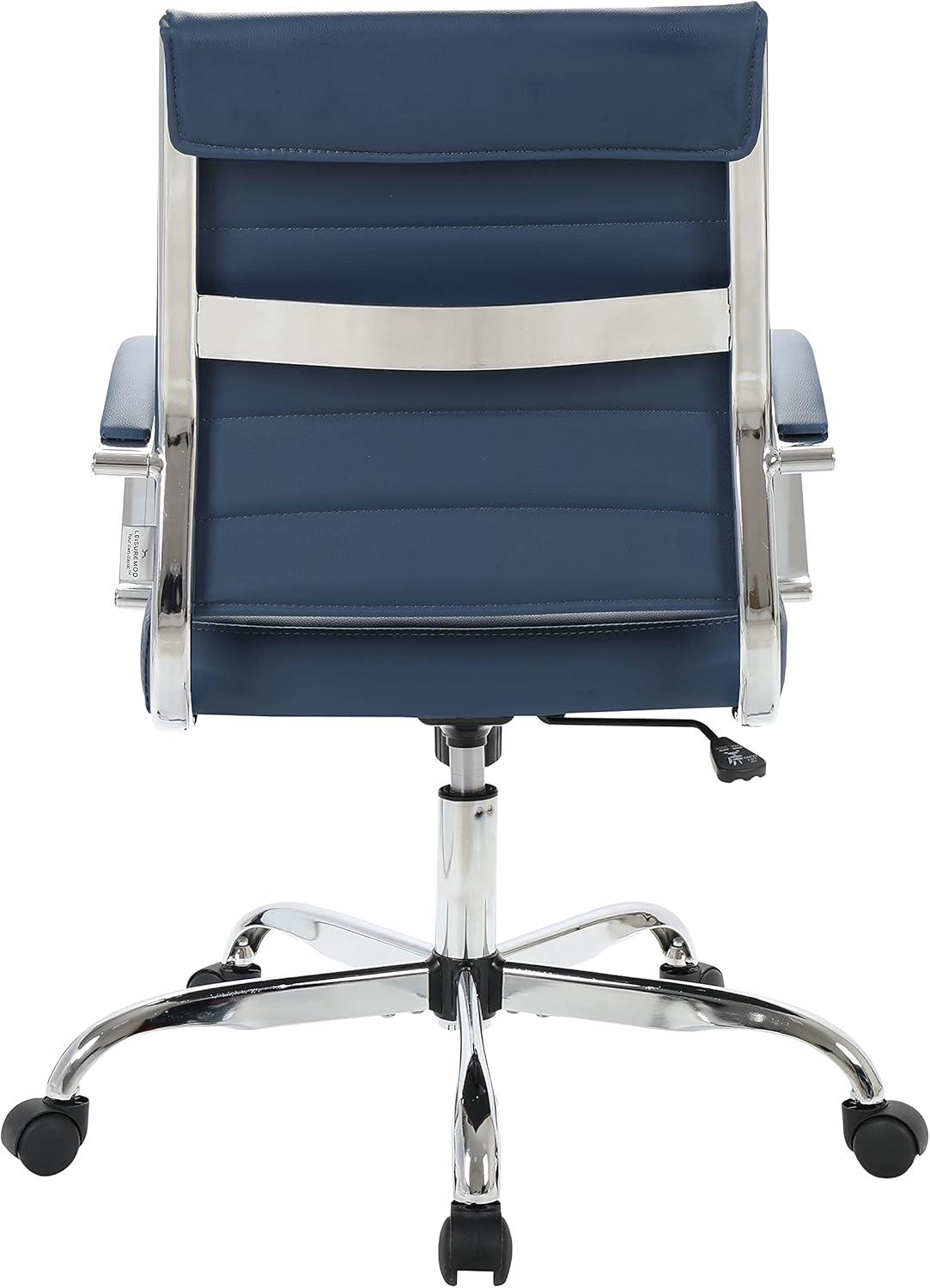 LeisureMod Benmar Mid-Back Office Conference Chair Upholstered in Leather with Swivel and Tilt in Navy Blue