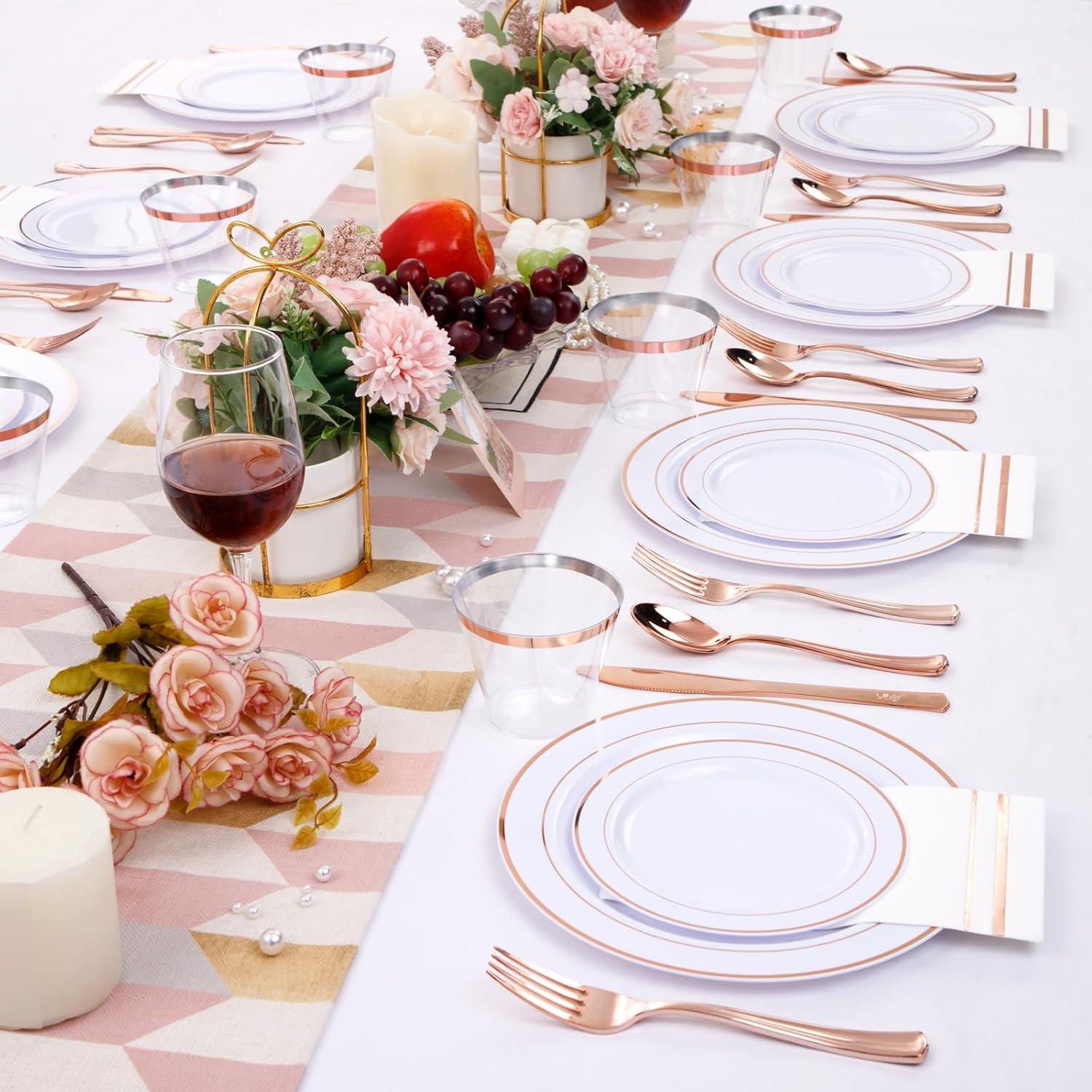 Rose Gold and Clear Plastic Dinnerware Set for 50 Guests