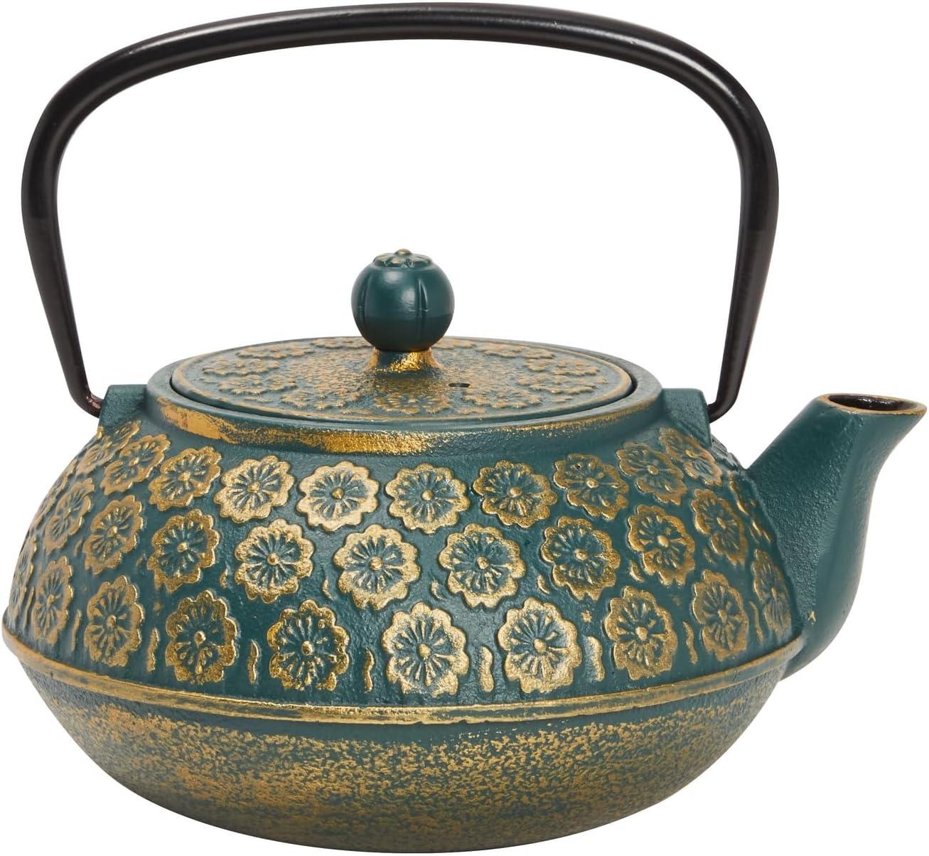 Juvale Green Cast Iron Floral Teapot Kettle with Stainless Steel Infuser Set, Japanese Tea Pot for Kitchen Pantry, 34 oz