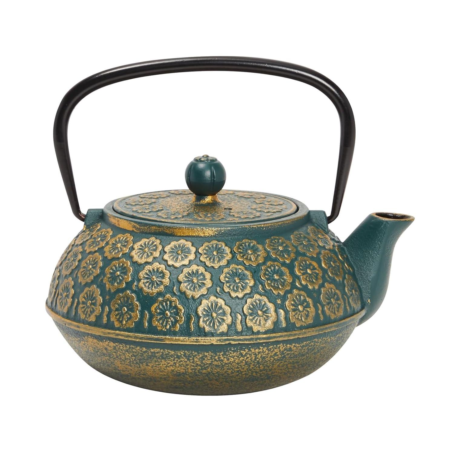 Juvale Green Cast Iron Floral Teapot Kettle with Stainless Steel Infuser Set, Japanese Tea Pot for Kitchen Pantry, 34 oz