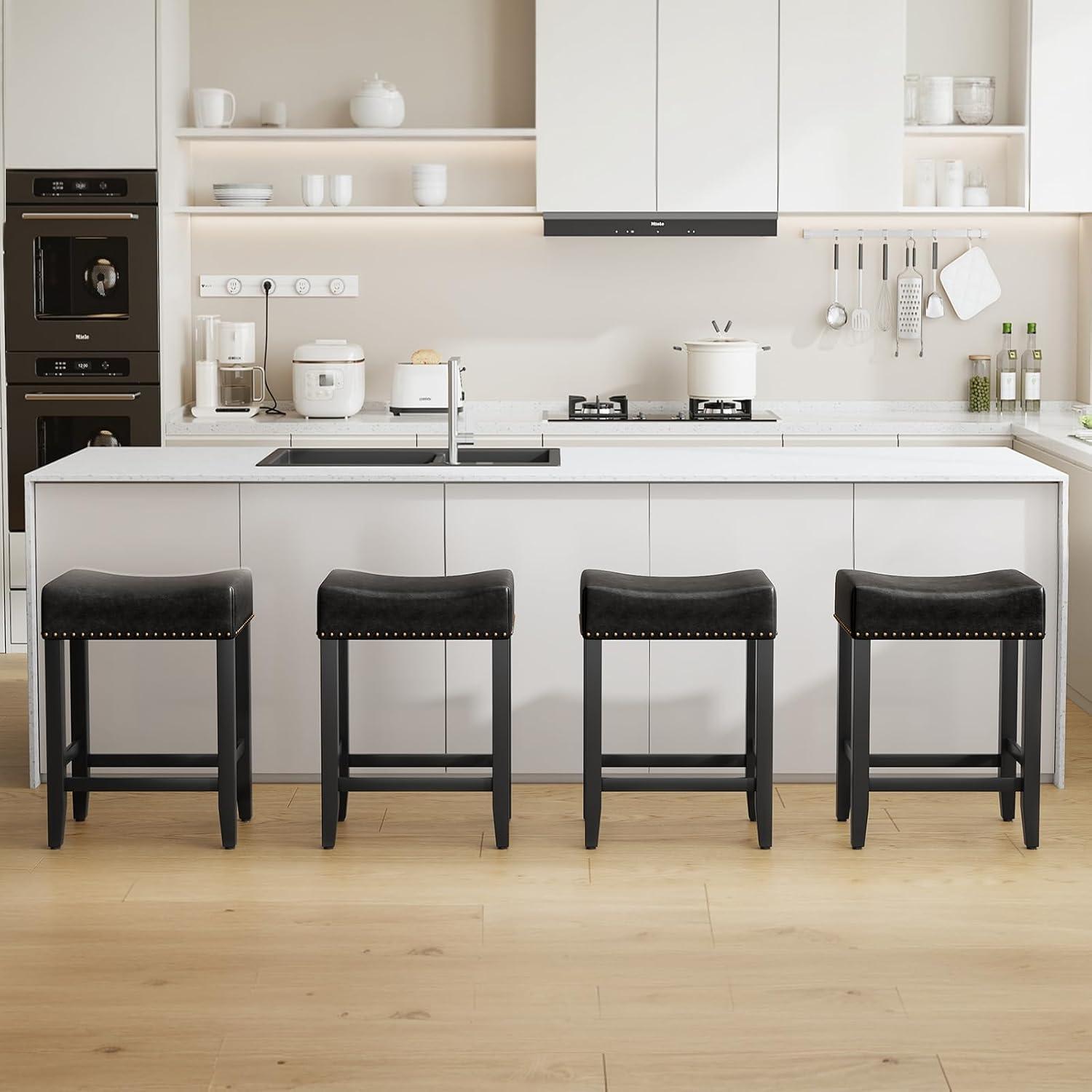 Furniliving 26" Counter Height Bar Stools, Linen Backless Saddle Seat Barstools, Set of 4,Beige