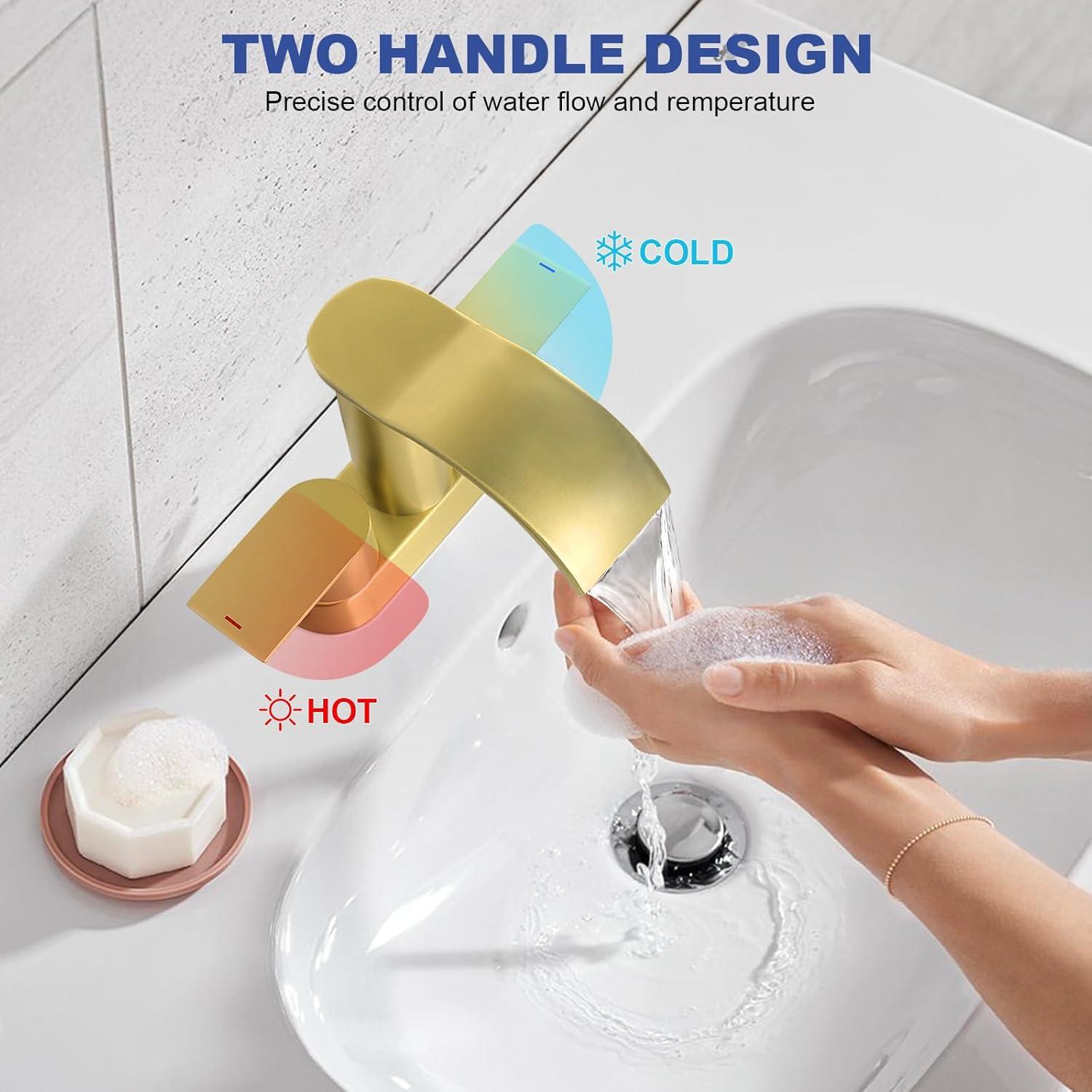 4-inch Centerset Double Handle Waterfall Bathroom Sink Faucet with Pop-up Drain Kit