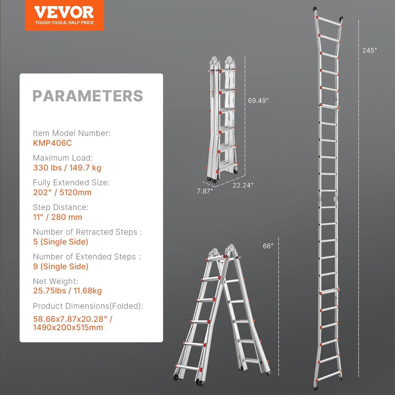 VEVOR Telescoping A Frame Ladder, 20 FT Compact Aluminum Extension, Multi-Function Portable Collapsible RV, for Homework Stairs Indoor Outdoor Roof, 330lb Load