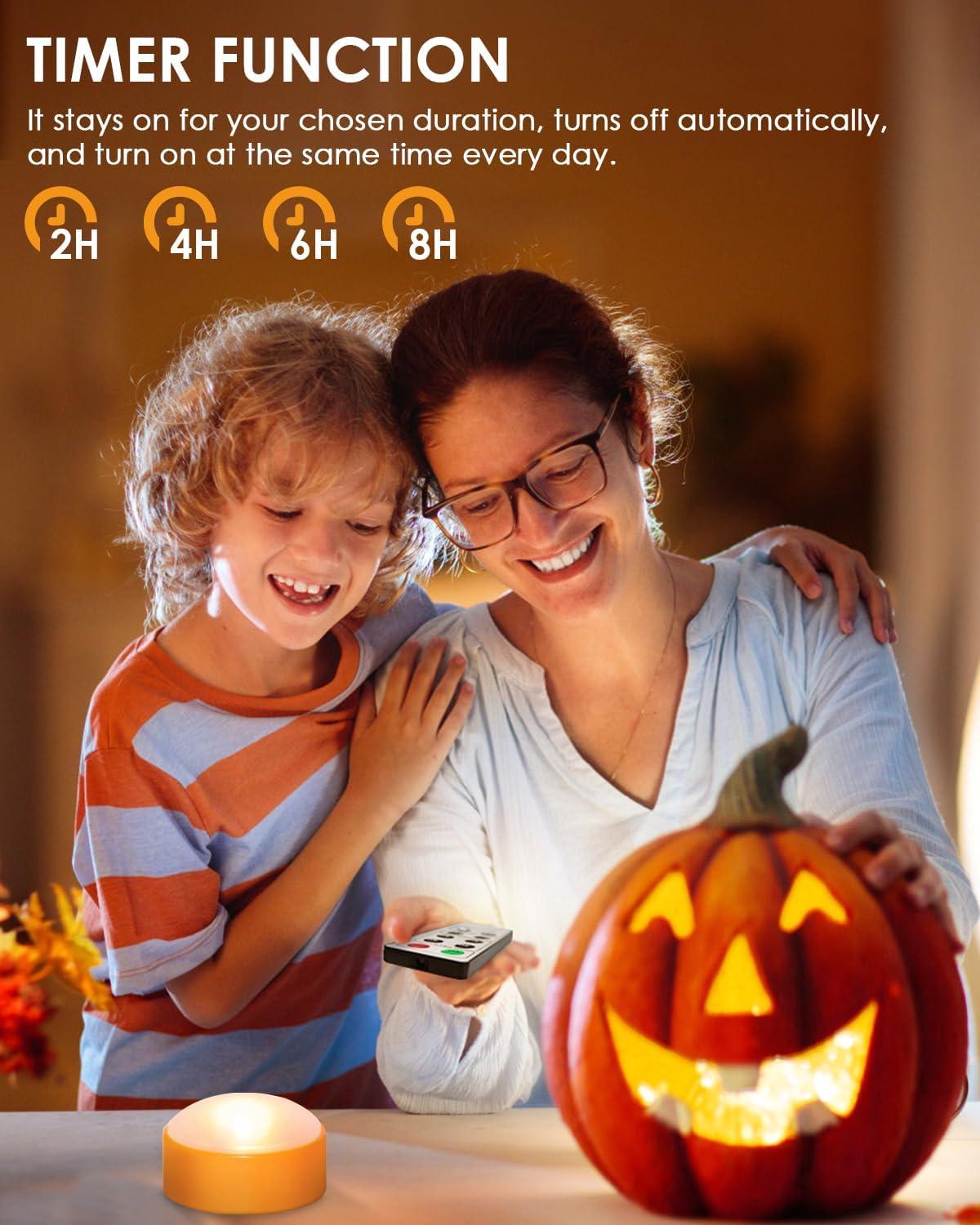 Deago 2 Pack Halloween LED Pumpkin Lights with Remote and Timers Battery Operated Orange Jack-O-Lantern Lights Flameless Candles for Halloween Decorations